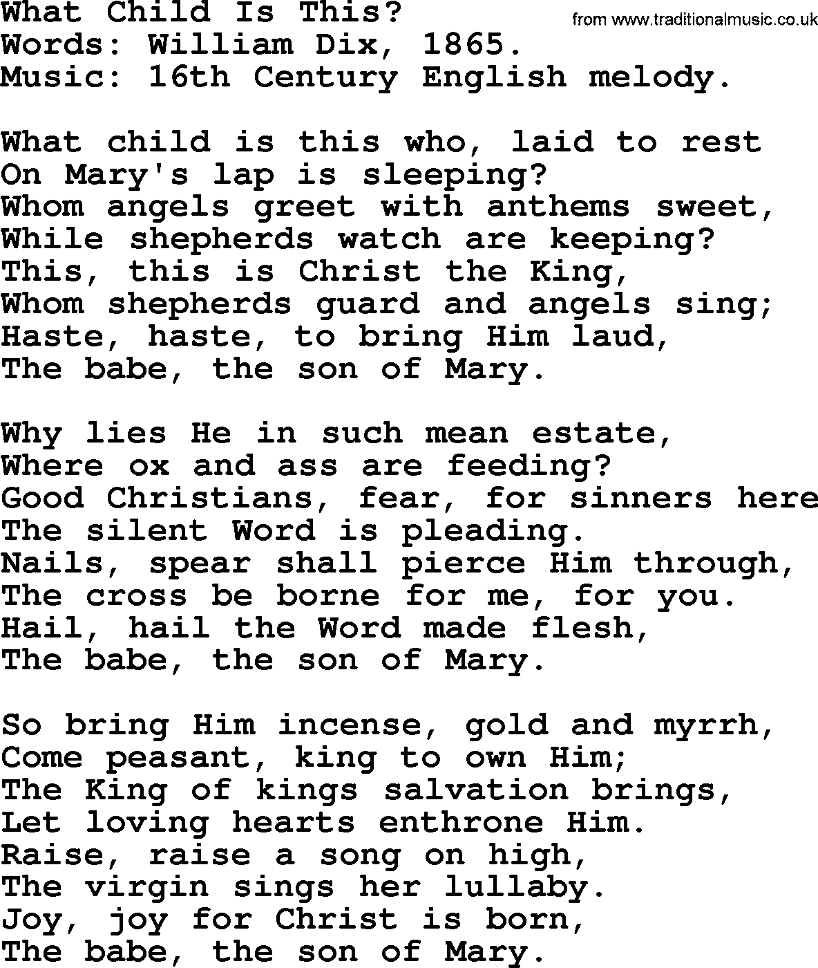 Christmas Hymns, Carols and Songs, title: What Child Is This - complete lyrics, and PDF