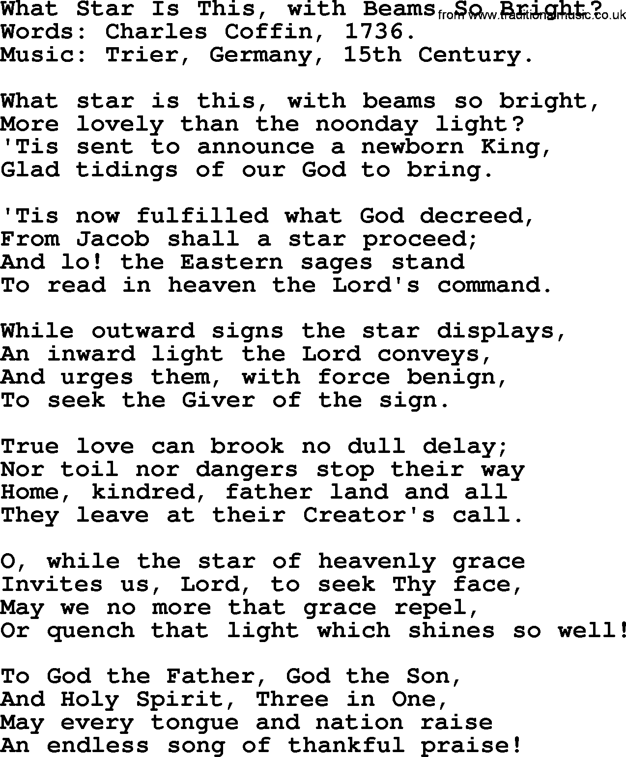 Christmas Hymns, Carols and Songs, title: What Star Is This, With Beams So Bright, lyrics with PDF