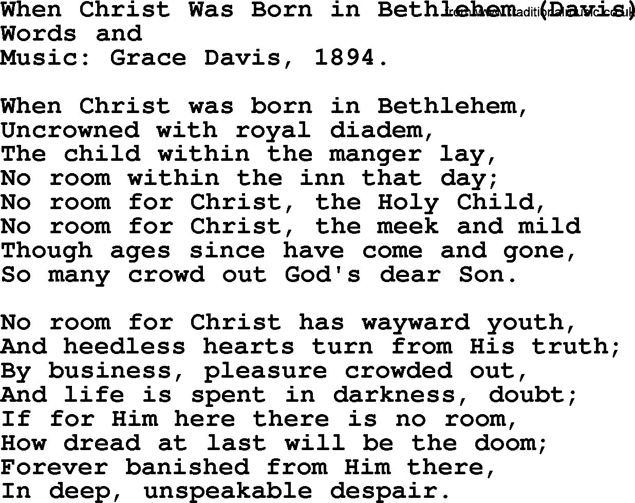 Christmas Hymns, Carols and Songs, title: When Christ Was Born In Bethlehem (davis), lyrics with PDF