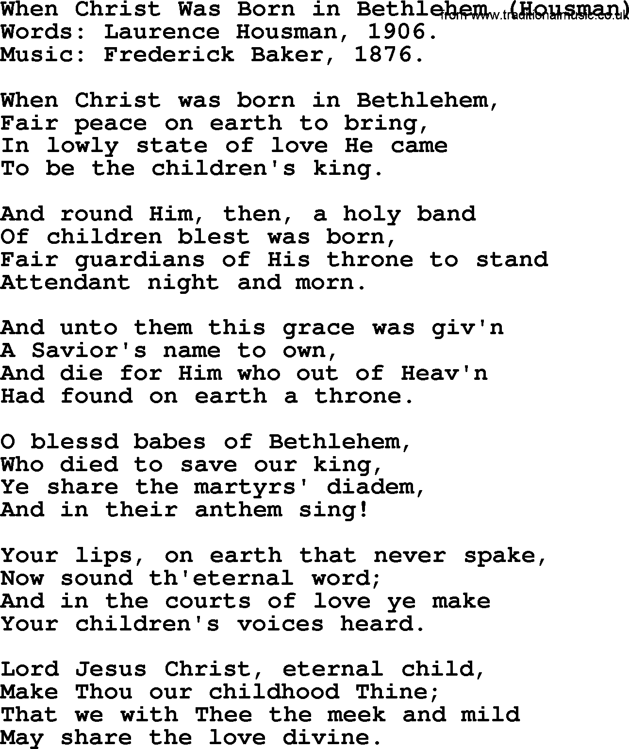 Christmas Hymns, Carols and Songs, title: When Christ Was Born In Bethlehem (housman), lyrics with PDF