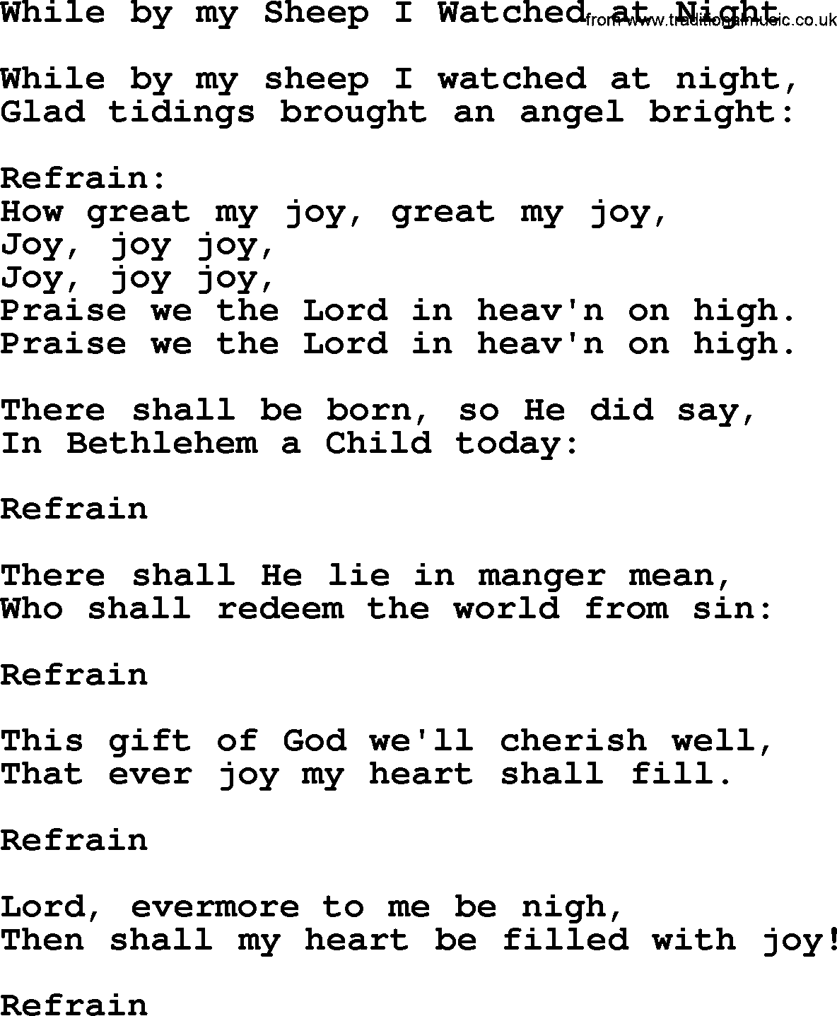 Christmas Hymns, Carols and Songs, title: While By My Sheep I Watched At Night, lyrics with PDF