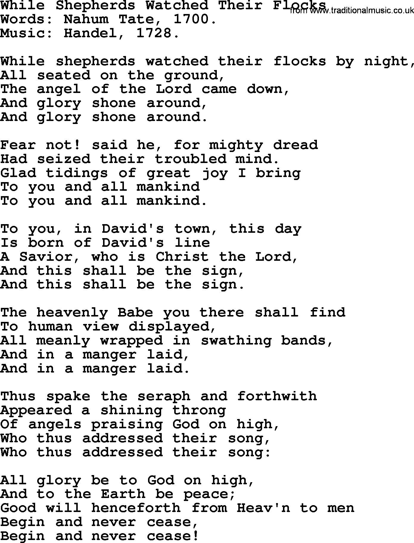 Christmas Hymns, Carols and Songs, title: While Shepherds Watched Their Flocks, lyrics with PDF
