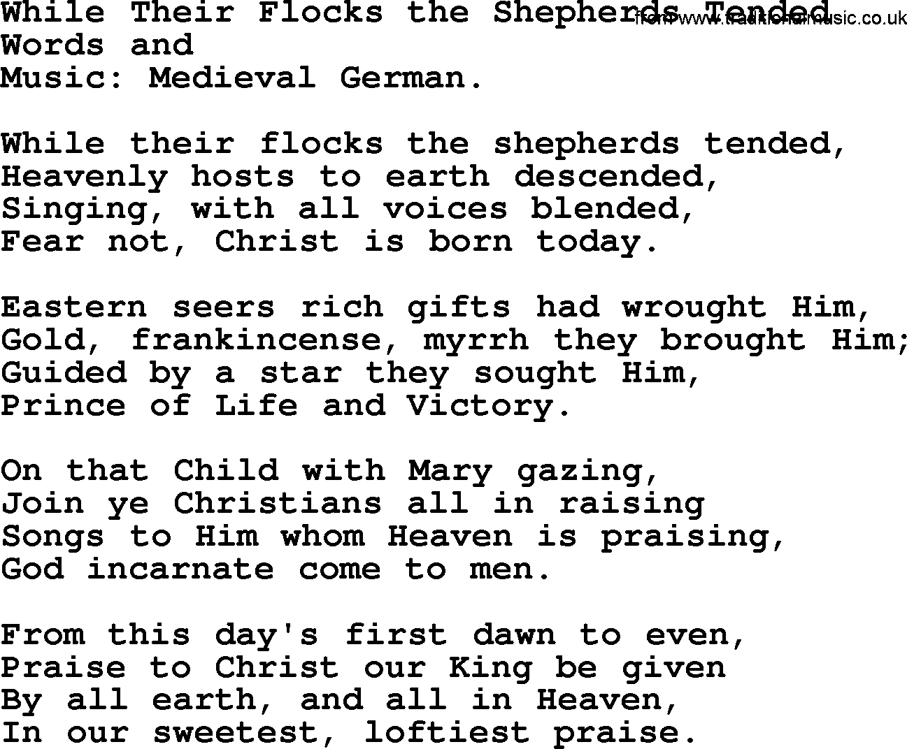 Christmas Hymns, Carols and Songs, title: While Their Flocks The Shepherds Tended, lyrics with PDF