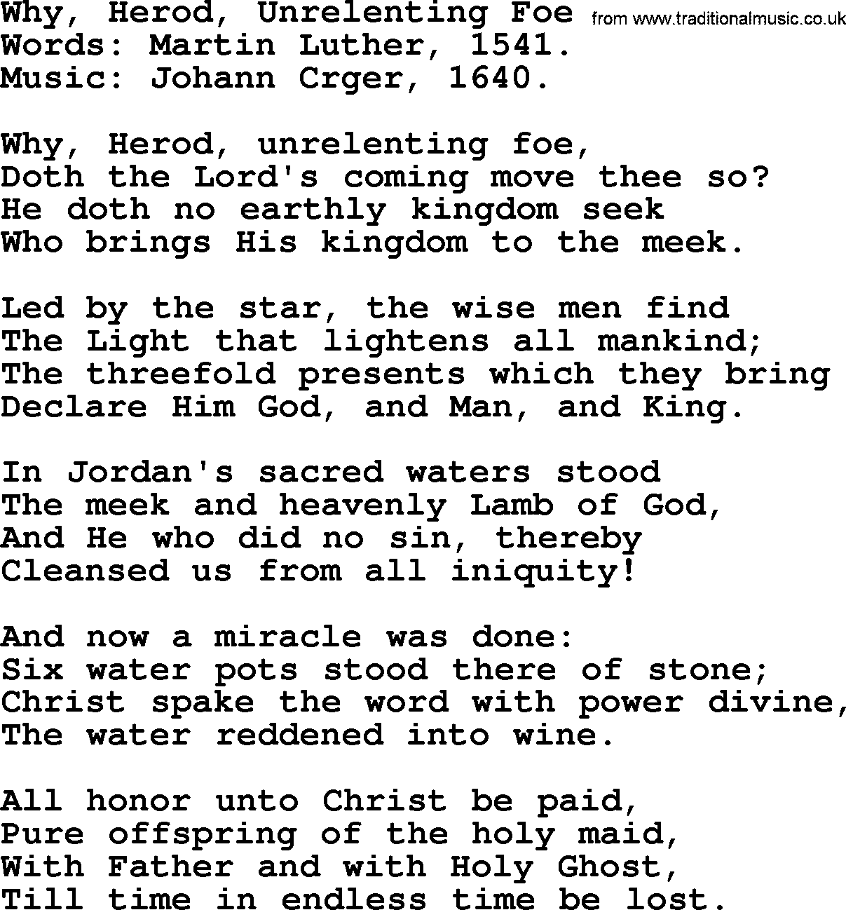 Christmas Hymns, Carols and Songs, title: Why, Herod, Unrelenting Foe, lyrics with PDF