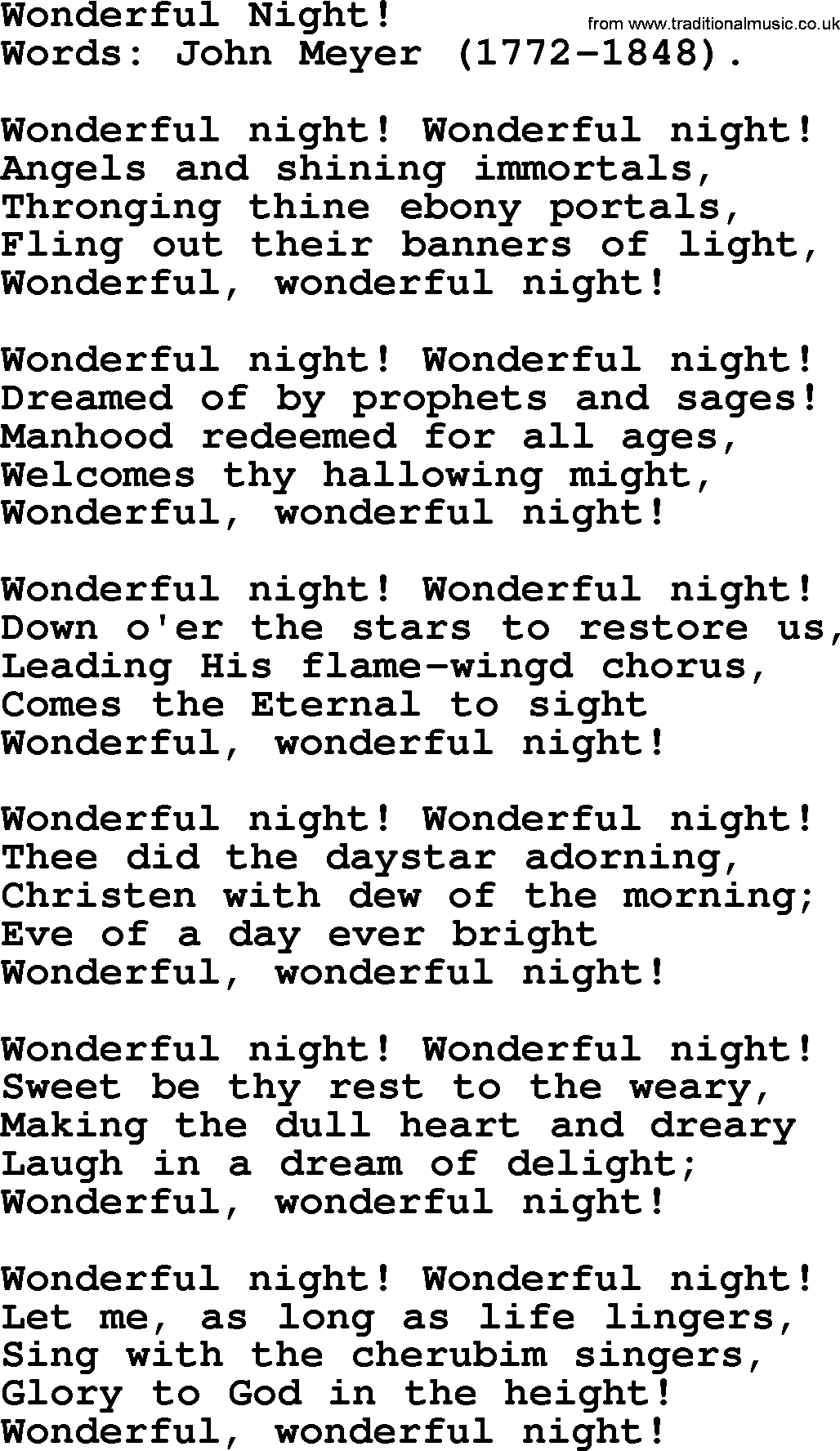 Christmas Hymns, Carols and Songs, title: Wonderful Night!, lyrics with PDF
