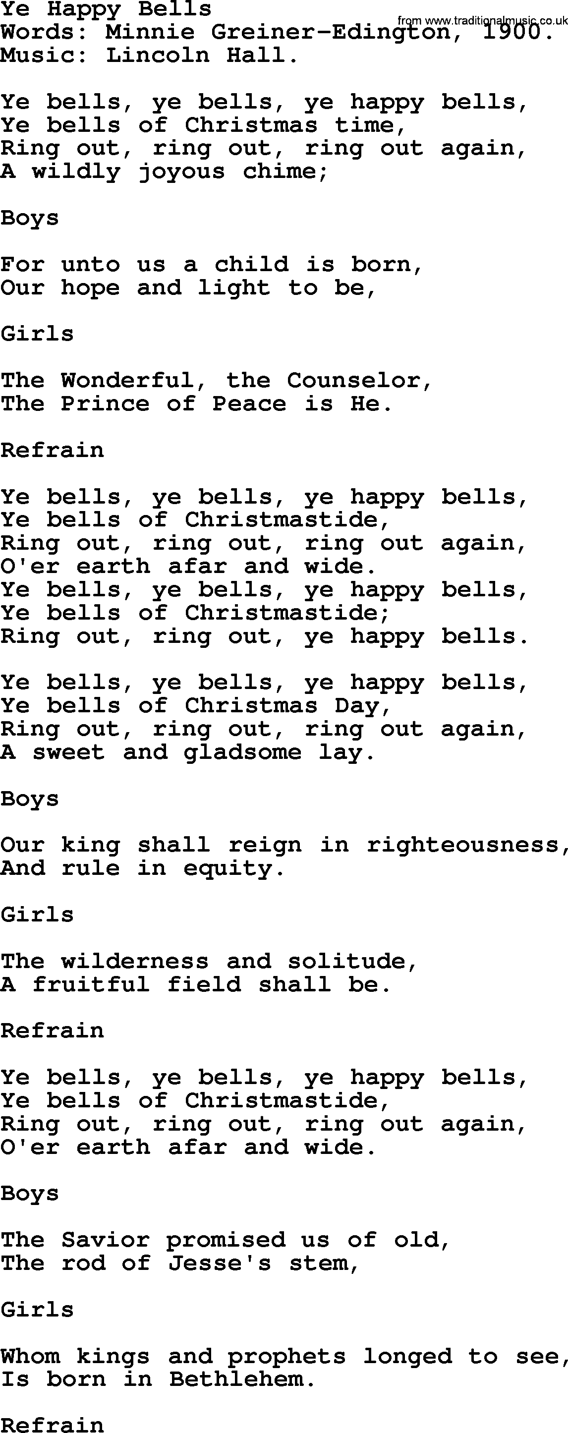 Christmas Hymns, Carols and Songs, title: Ye Happy Bells, lyrics with PDF