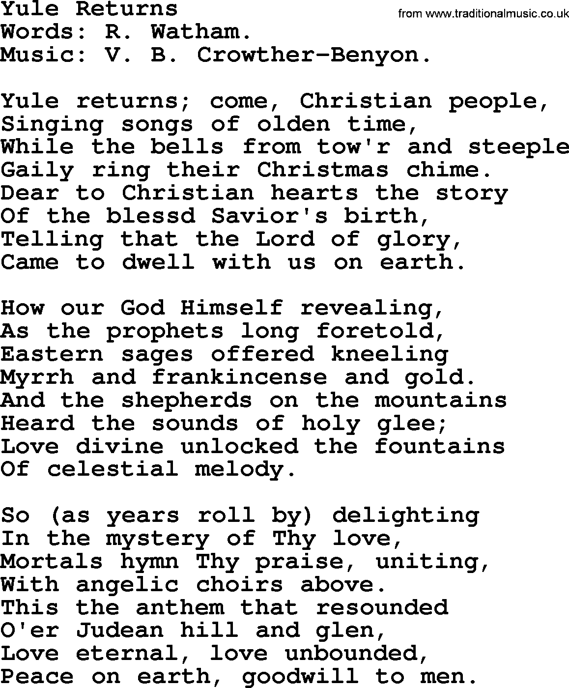 Christmas Hymns, Carols and Songs, title: Yule Returns, lyrics with PDF