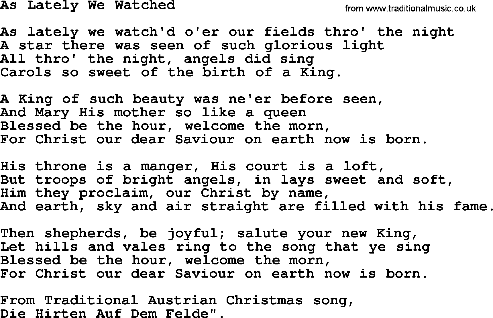 280 Christmas Hymns and songs with PowerPoints and PDF, title: As Lately We Watched, lyrics, PPT and PDF
