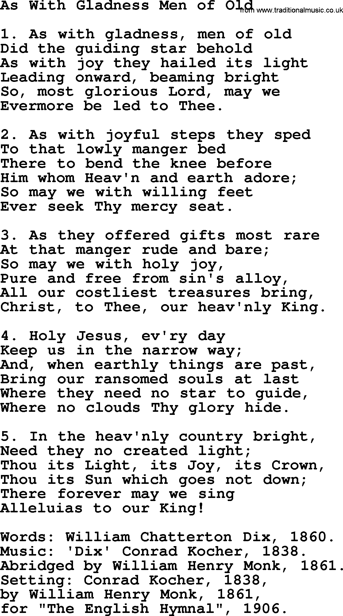 280 Christmas Hymns and songs with PowerPoints and PDF, title: As With Gladness Men Of Old, lyrics, PPT and PDF