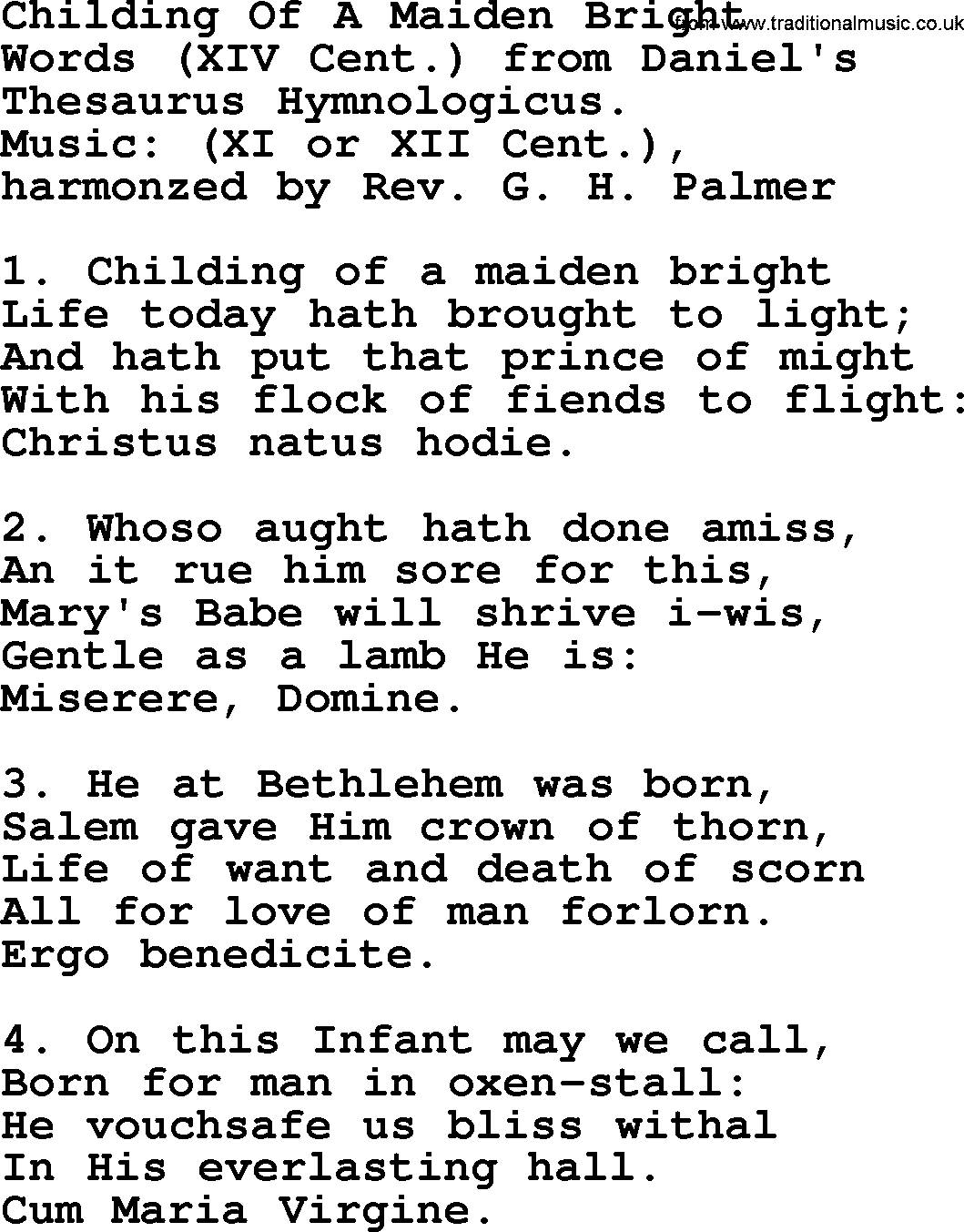 280 Christmas Hymns and songs with PowerPoints and PDF, title: Childing Of A Maiden Bright, lyrics, PPT and PDF