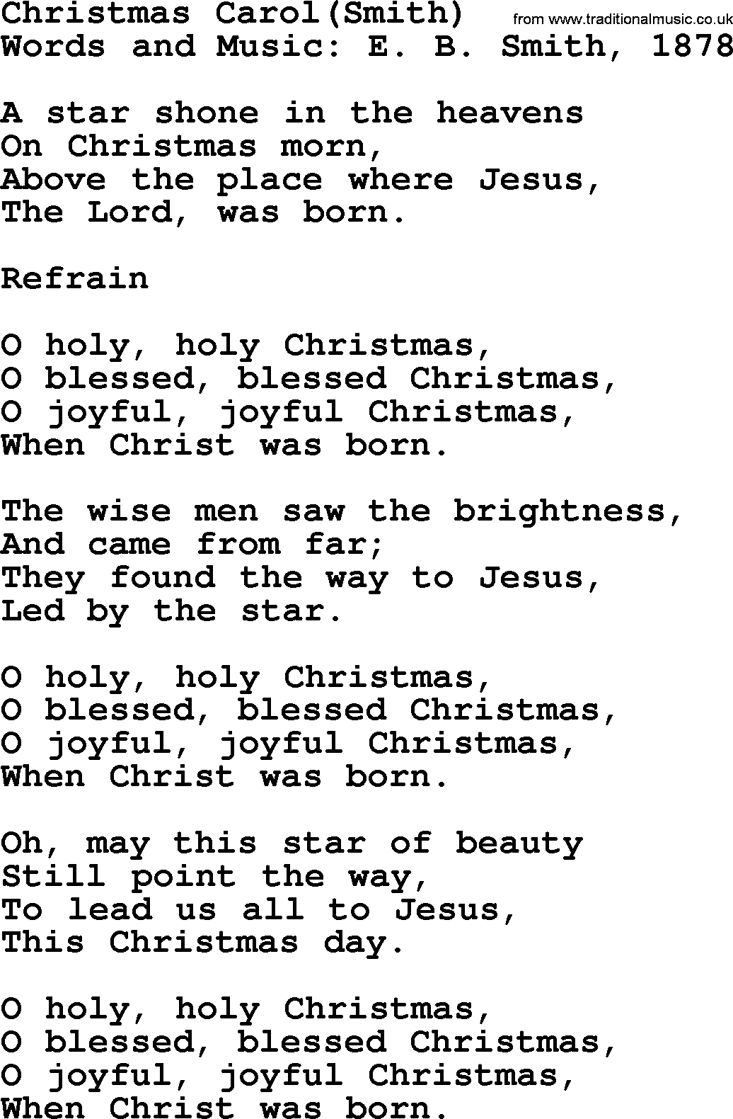 280 Christmas Hymns and songs with PowerPoints and PDF, title: Christmas Carol(smith), lyrics, PPT and PDF