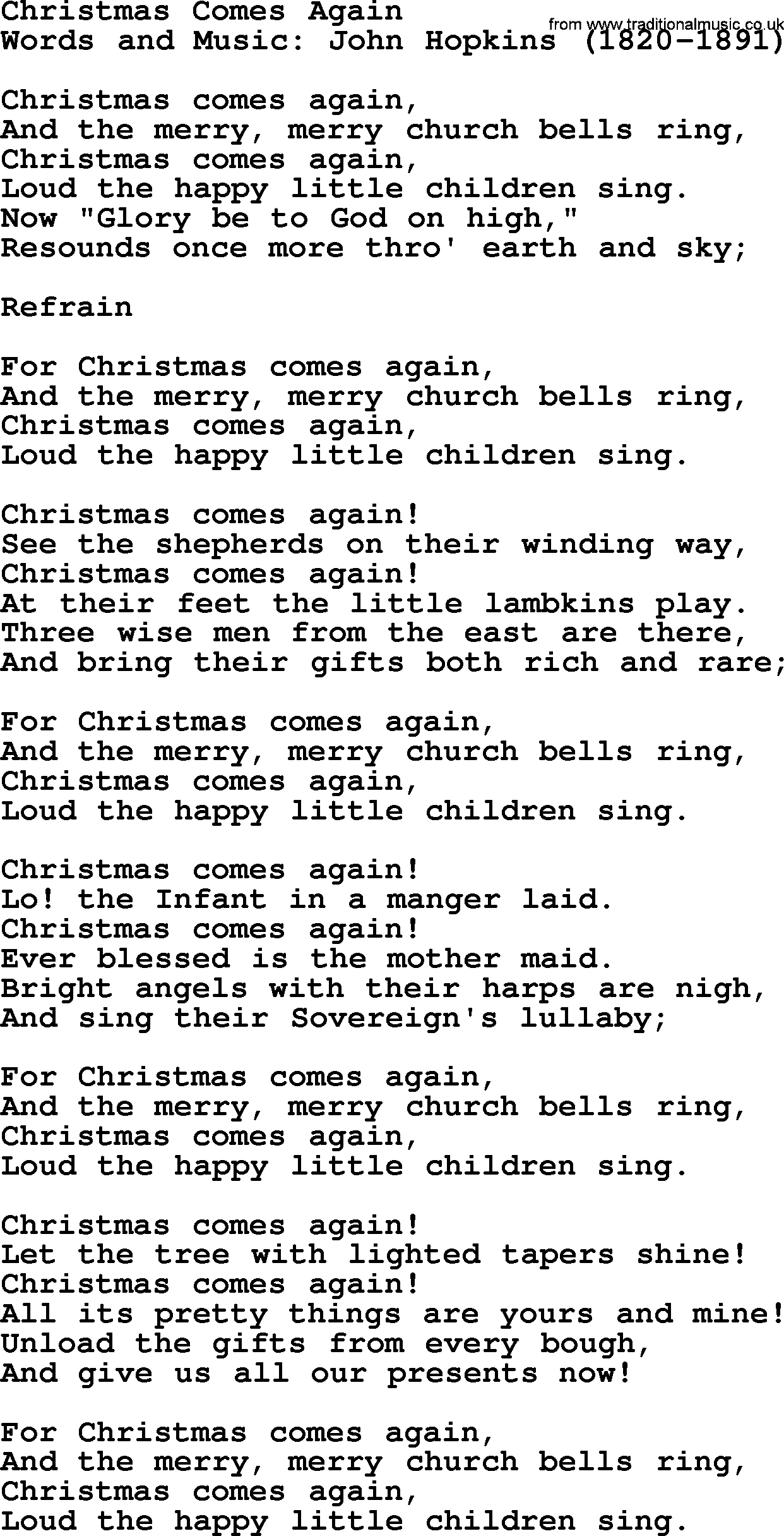280 Christmas Hymns and songs with PowerPoints and PDF, title: Christmas Comes Again, lyrics, PPT and PDF