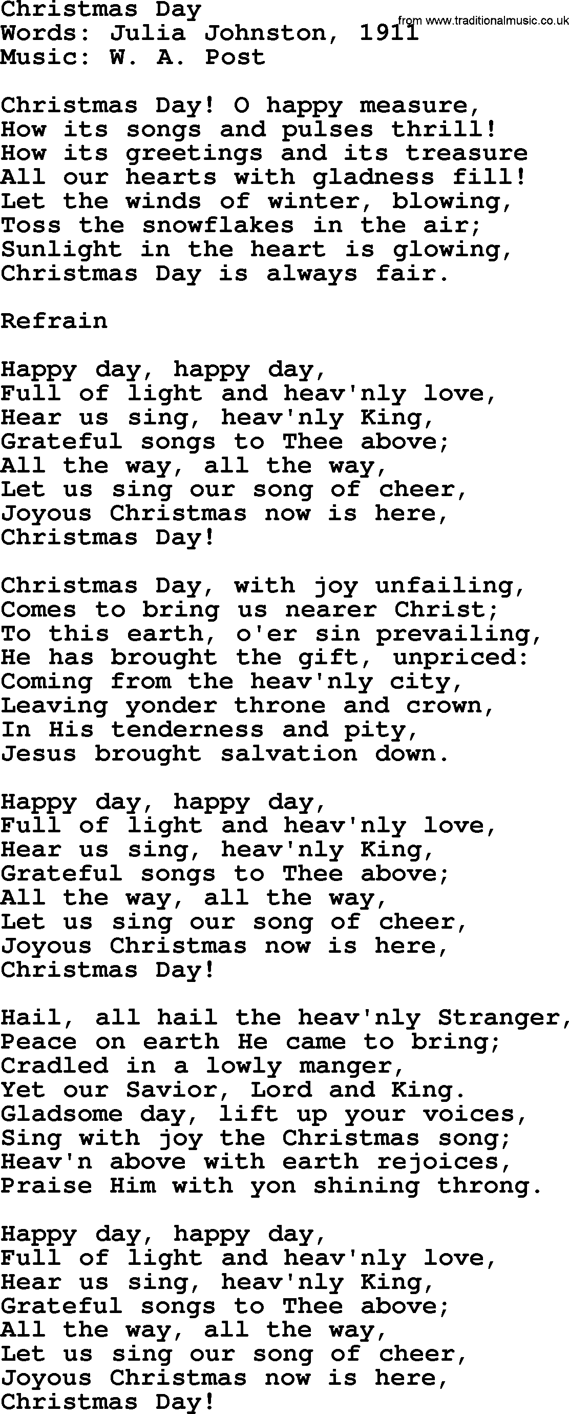 280 Christmas Hymns and songs with PowerPoints and PDF, title: Christmas Day, lyrics, PPT and PDF