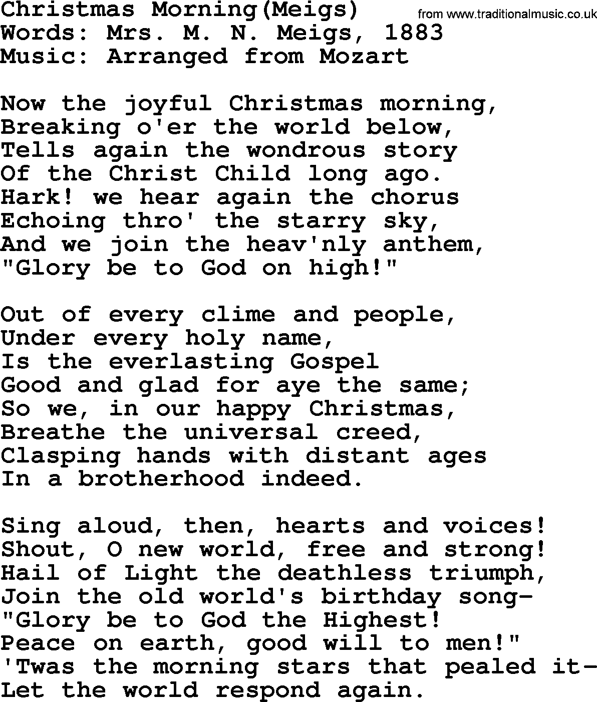 280 Christmas Hymns and songs with PowerPoints and PDF, title: Christmas Morning(meigs), lyrics, PPT and PDF