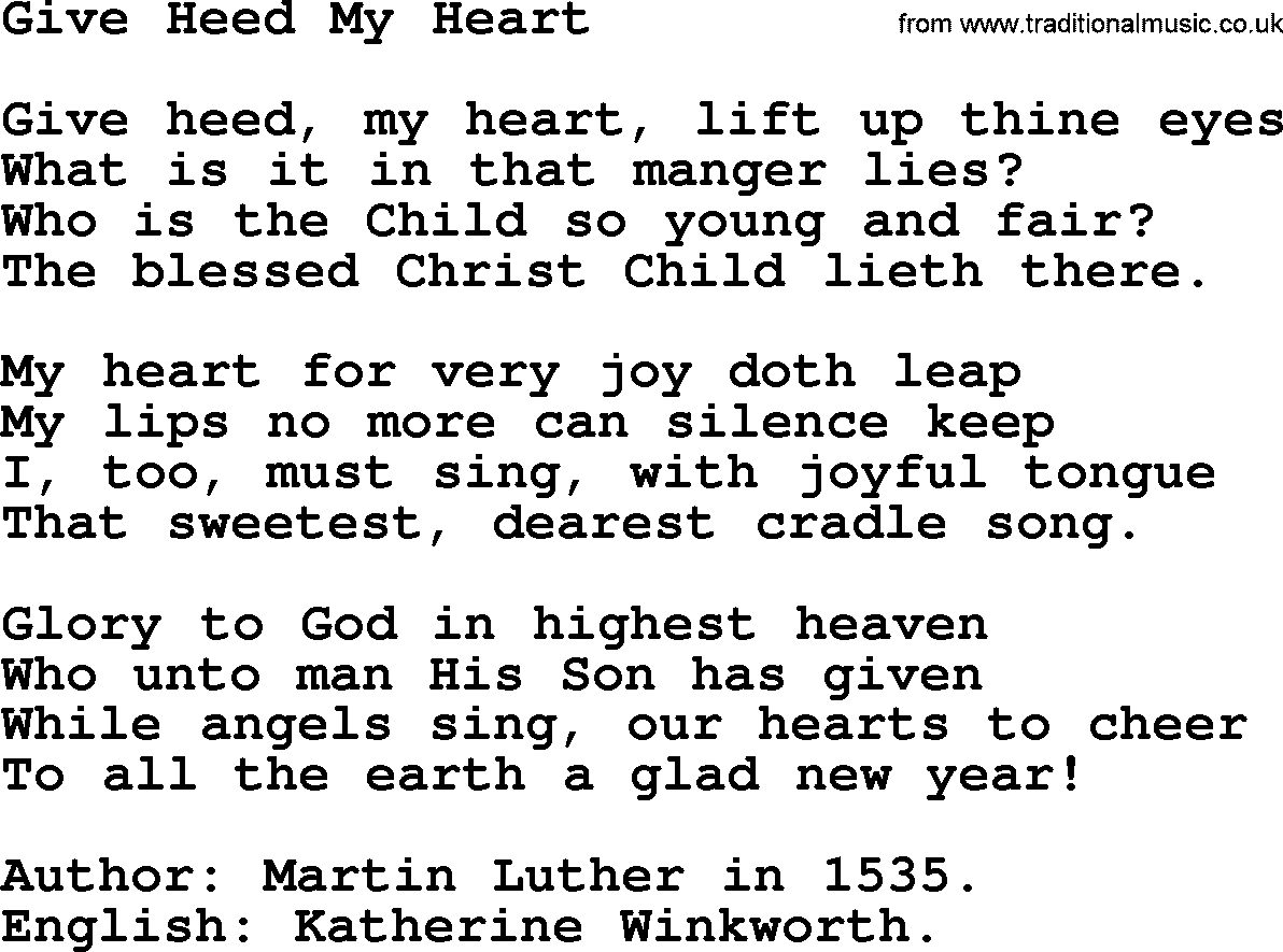280 Christmas Hymns and songs with PowerPoints and PDF, title: Give Heed My Heart, lyrics, PPT and PDF