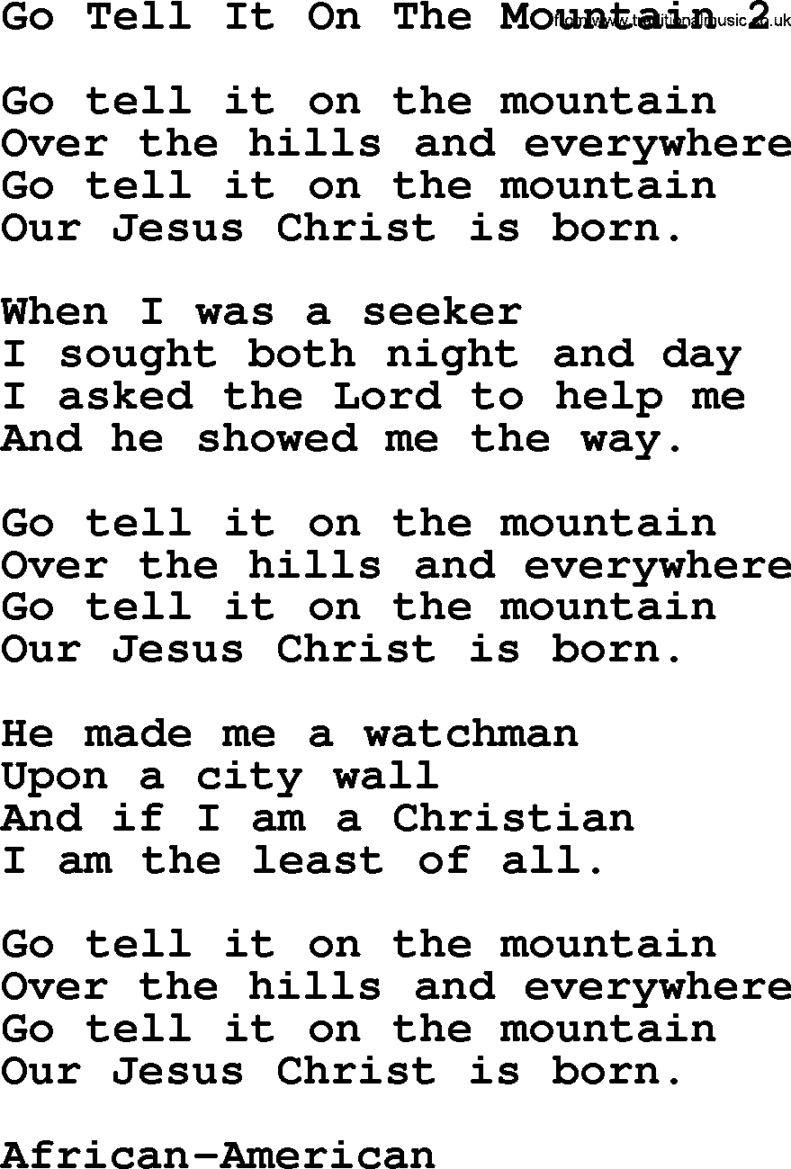 280 Christmas Hymns and songs with PowerPoints and PDF, title: Go Tell It On The Mountain 2, lyrics, PPT and PDF
