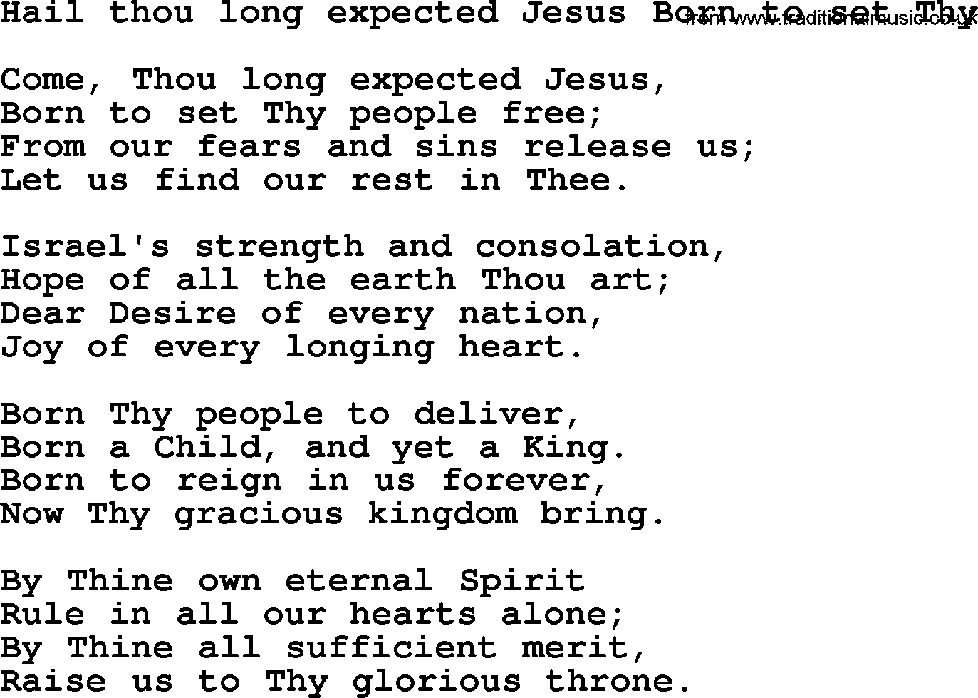280 Christmas Hymns and songs with PowerPoints and PDF, title: Hail Thou Long Expected Jesus, lyrics, PPT and PDF