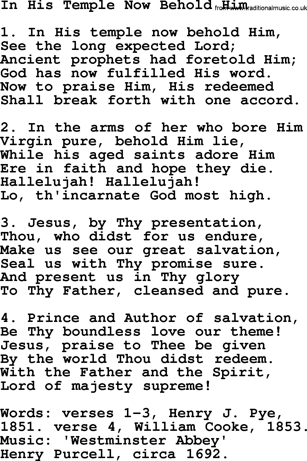 280 Christmas Hymns and songs with PowerPoints and PDF, title: In His Temple Now Behold Him, lyrics, PPT and PDF