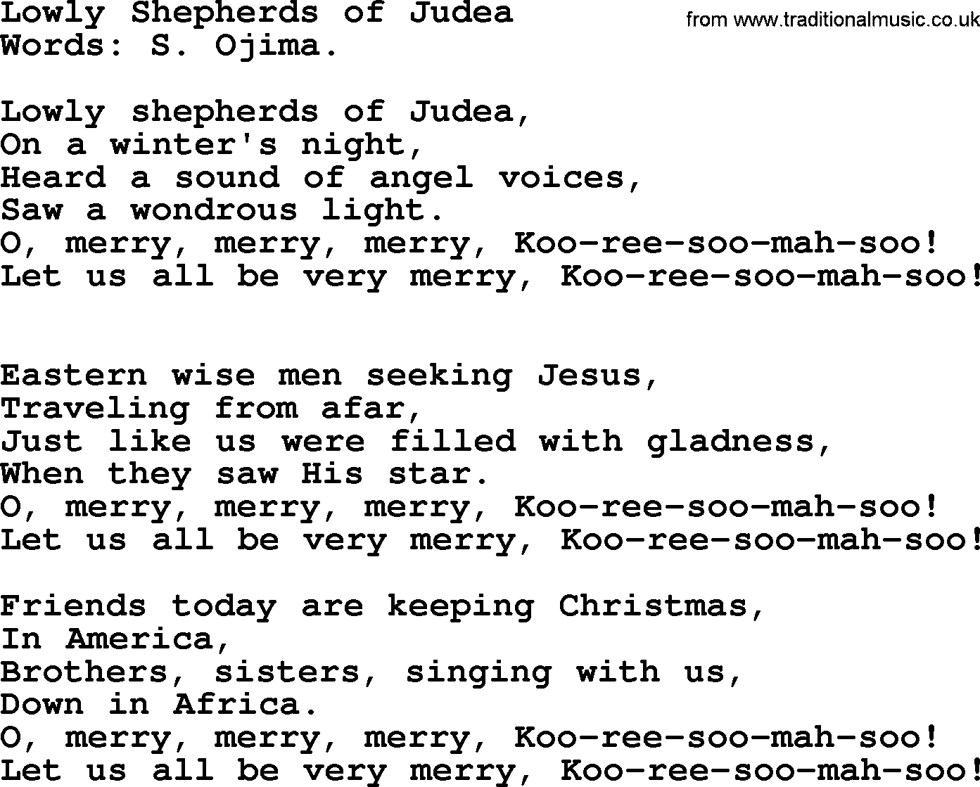 280 Christmas Hymns and songs with PowerPoints and PDF, title: Lowly Shepherds Of Judea, lyrics, PPT and PDF