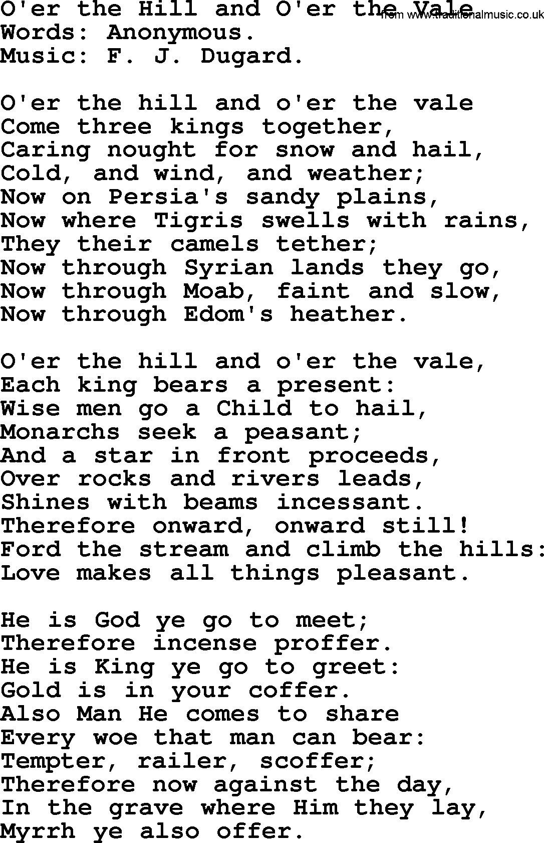 280 Christmas Hymns and songs with PowerPoints and PDF, title: O'er The Hill And O'er The Vale, lyrics, PPT and PDF