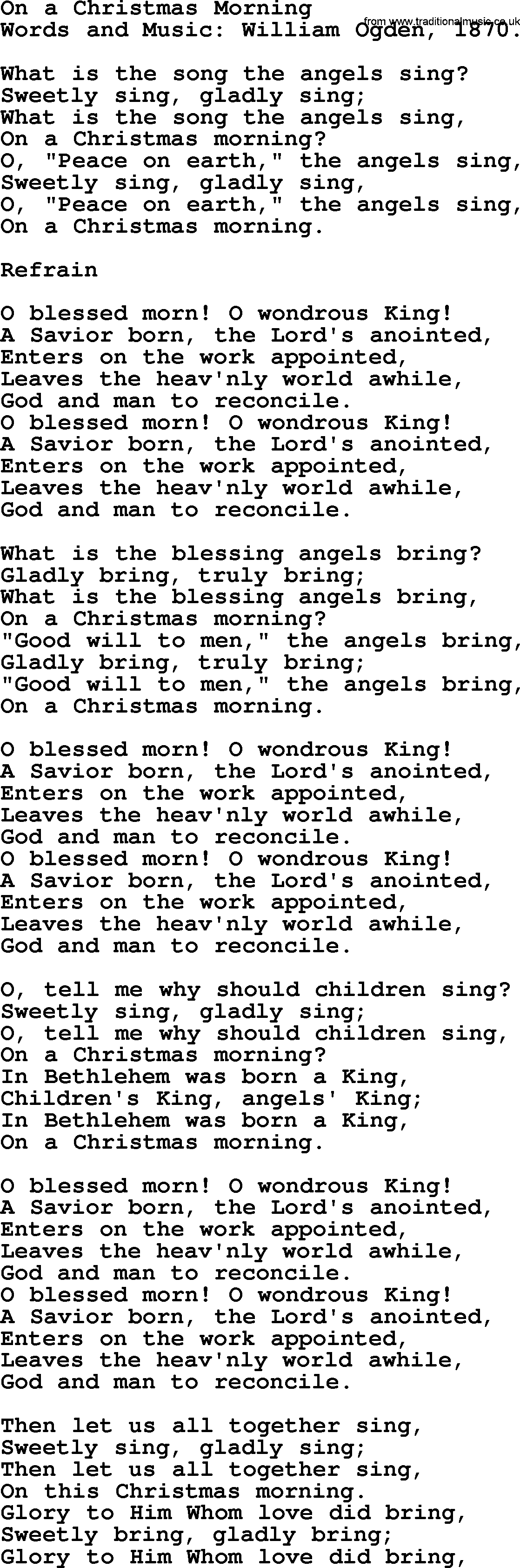 280 Christmas Hymns and songs with PowerPoints and PDF, title: On A Christmas Morning, lyrics, PPT and PDF