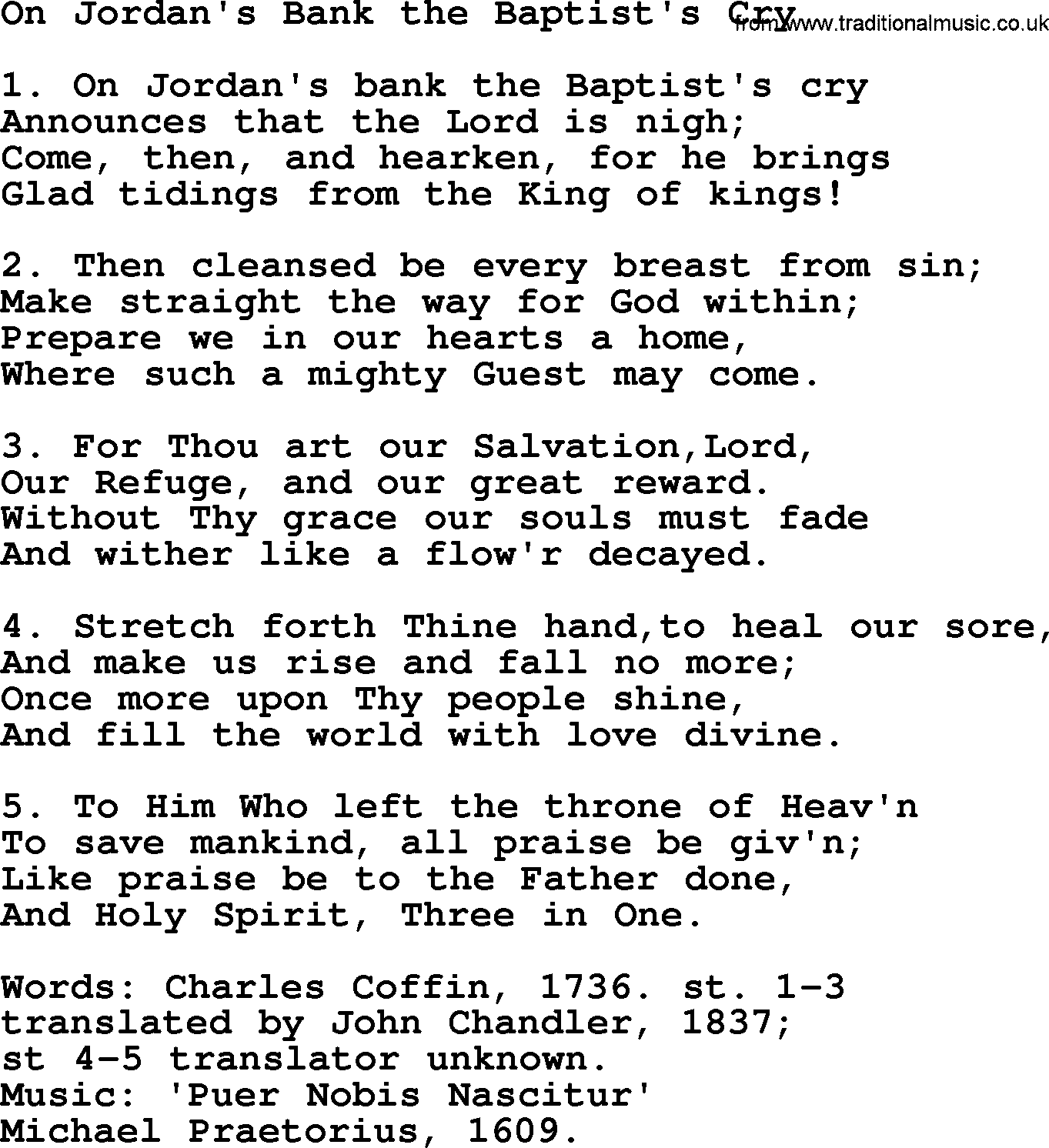 280 Christmas Hymns and songs with PowerPoints and PDF, title: On Jordan's Bank The Baptist's Cry, lyrics, PPT and PDF
