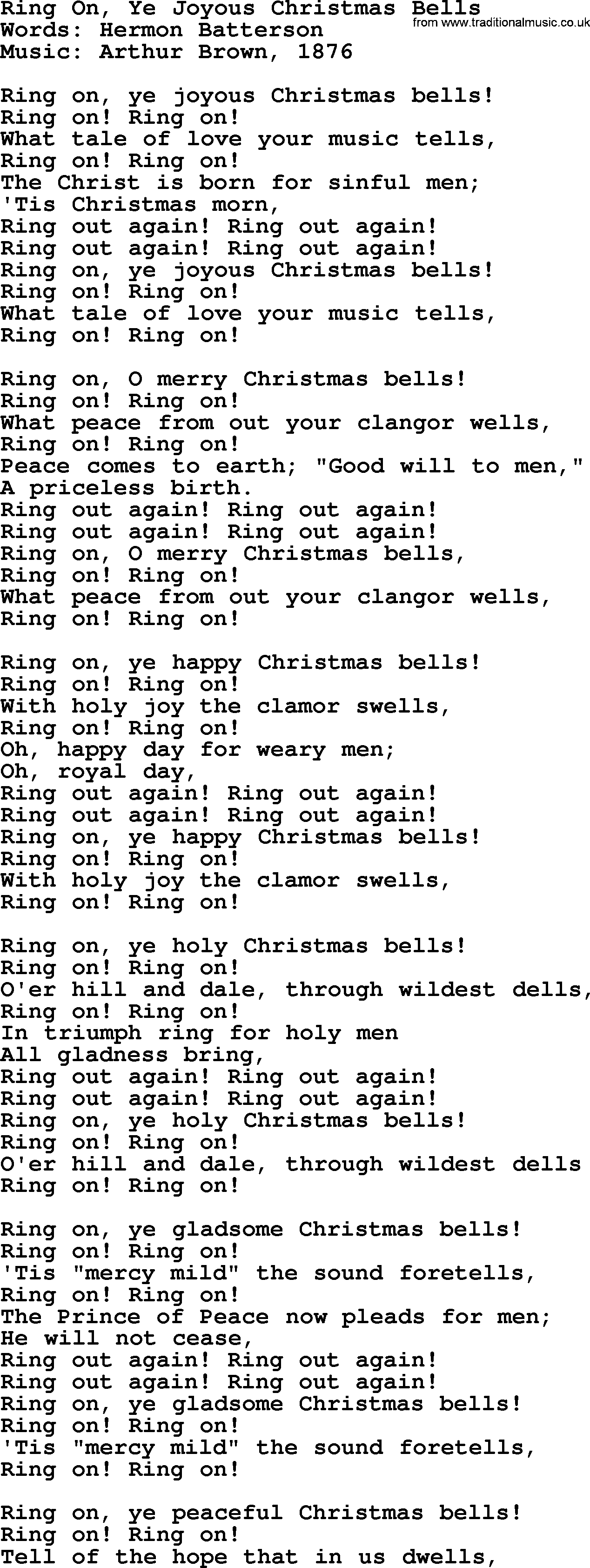 280 Christmas Hymns and songs with PowerPoints and PDF, title: Ring On, Ye Joyous Christmas Bells, lyrics, PPT and PDF