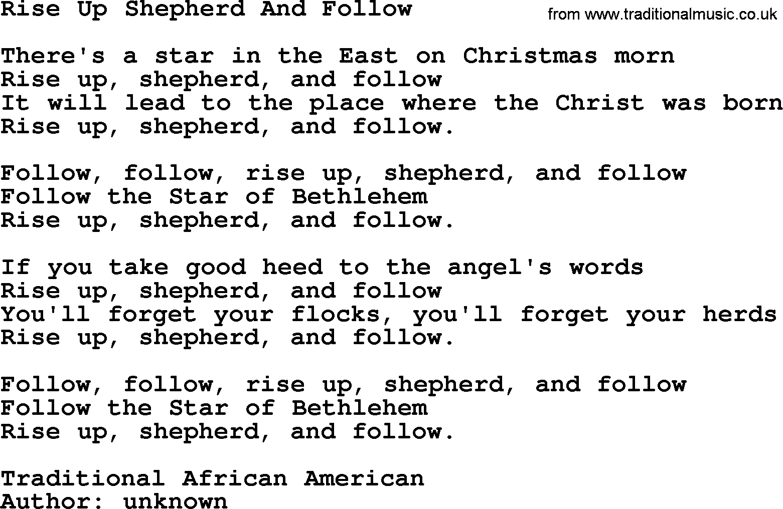 280 Christmas Hymns and songs with PowerPoints and PDF, title: Rise Up Shepherd And Follow, lyrics, PPT and PDF