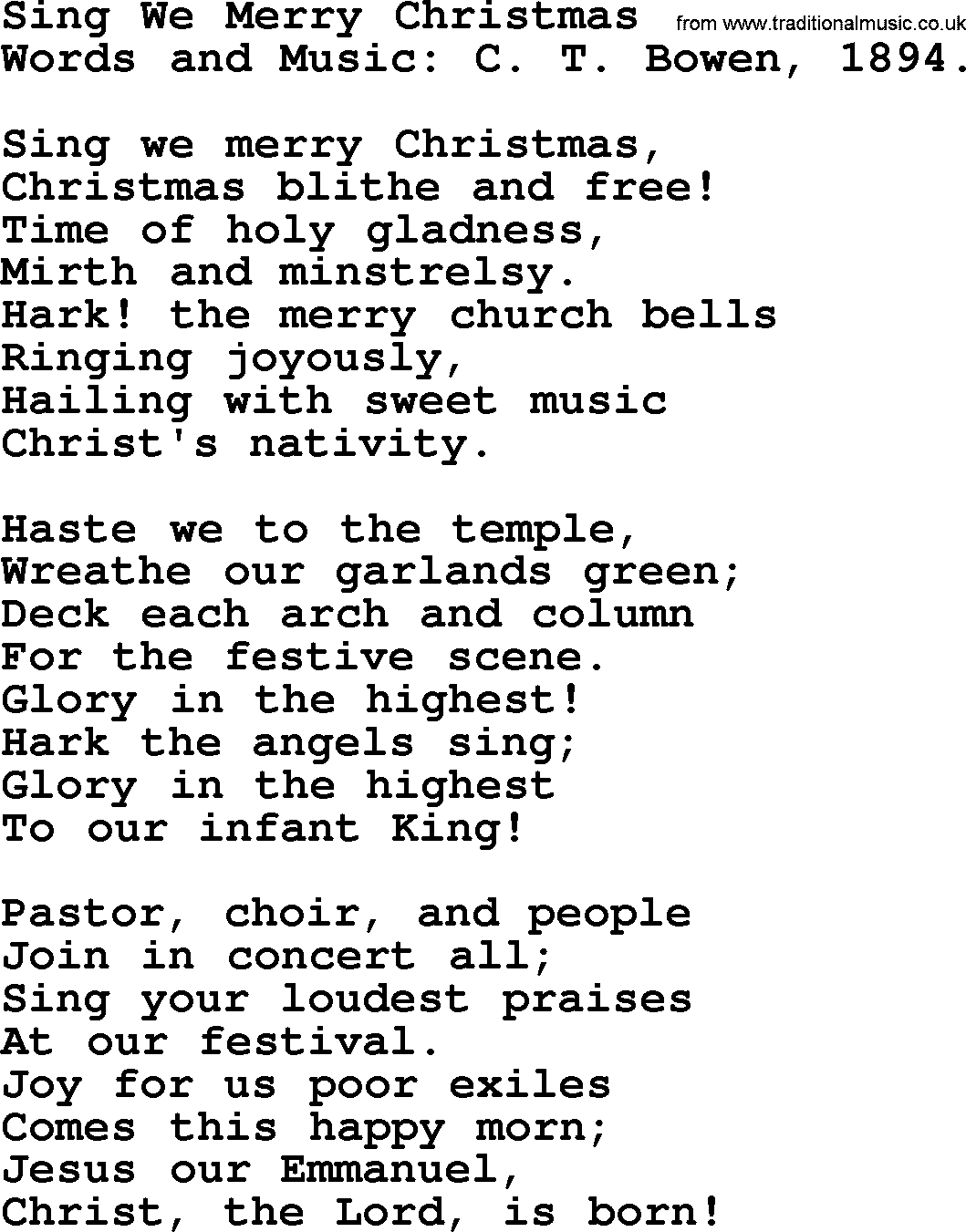 280 Christmas Hymns and songs with PowerPoints and PDF, title: Sing We Merry Christmas, lyrics, PPT and PDF