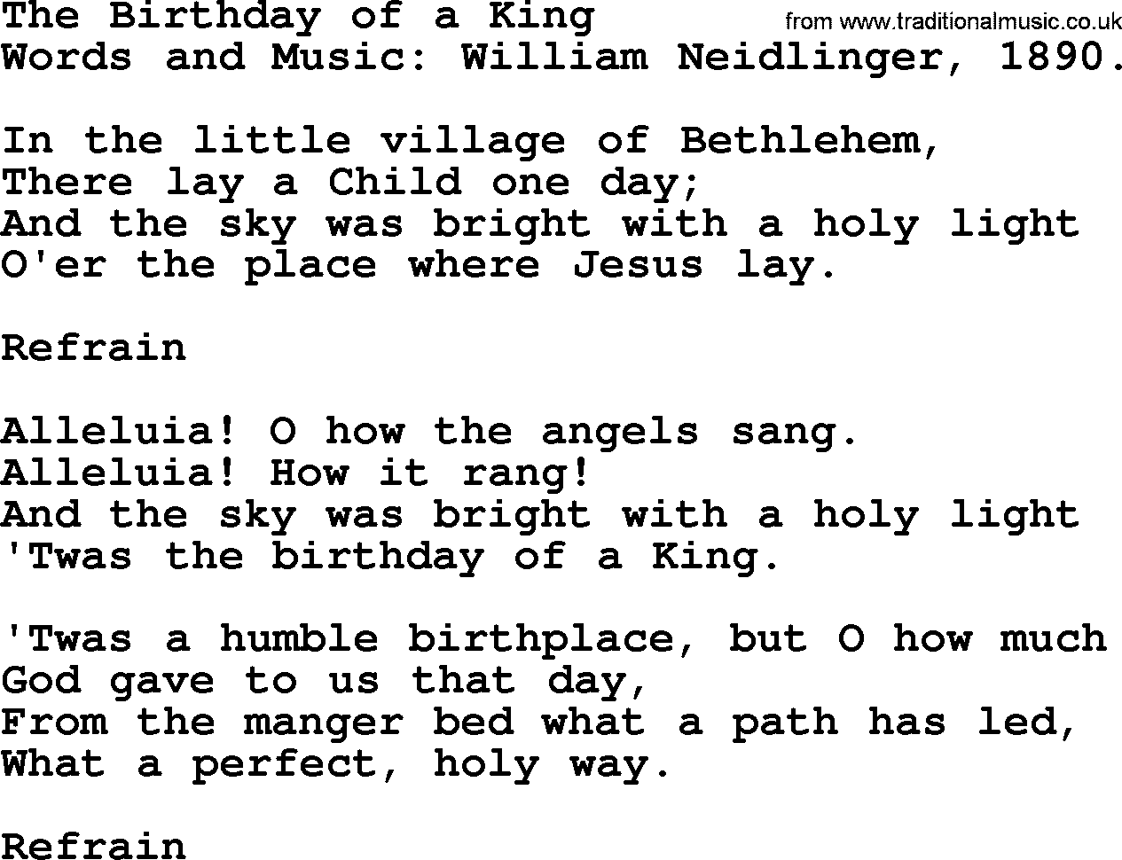 280 Christmas Hymns and songs with PowerPoints and PDF, title: The Birthday Of A King, lyrics, PPT and PDF