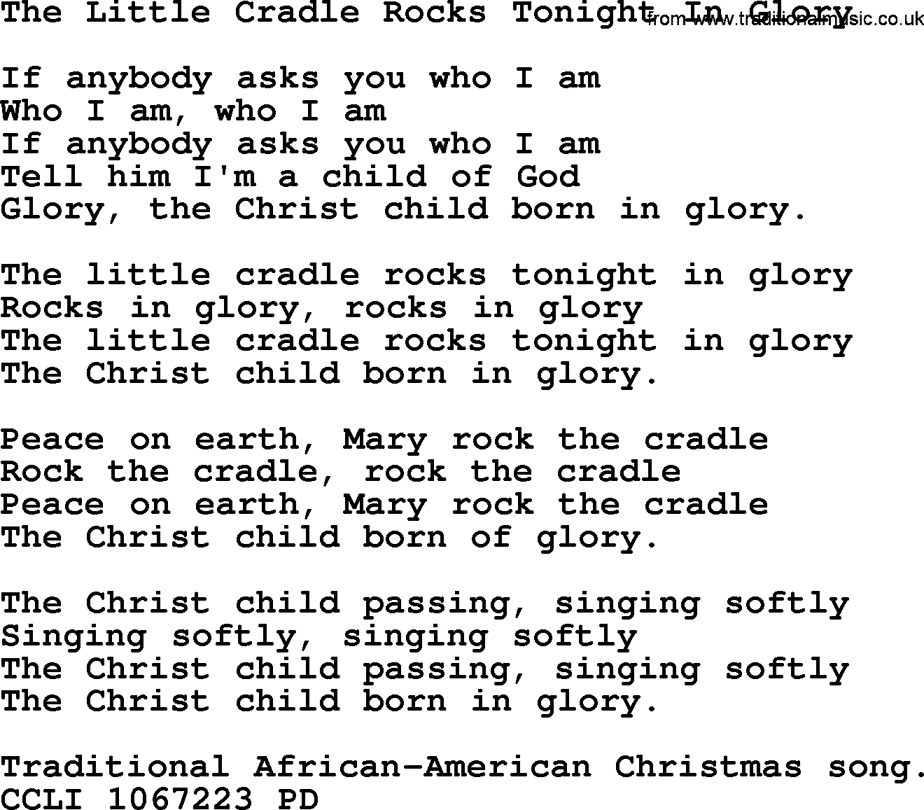 280 Christmas Hymns and songs with PowerPoints and PDF, title: The Little Cradle Rocks Tonight In Glory, lyrics, PPT and PDF