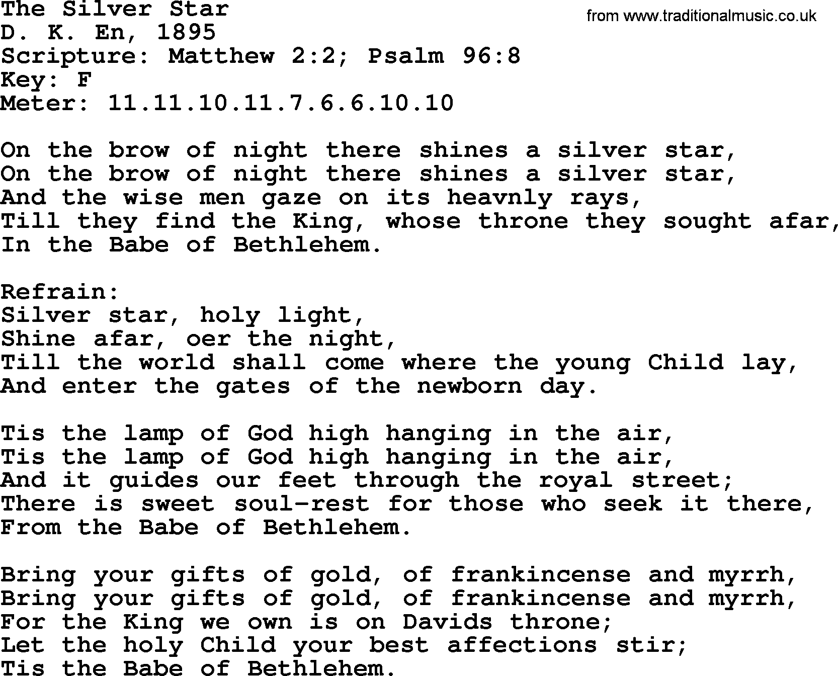 280 Christmas Hymns and songs with PowerPoints and PDF, title: The Silver Star, lyrics, PPT and PDF