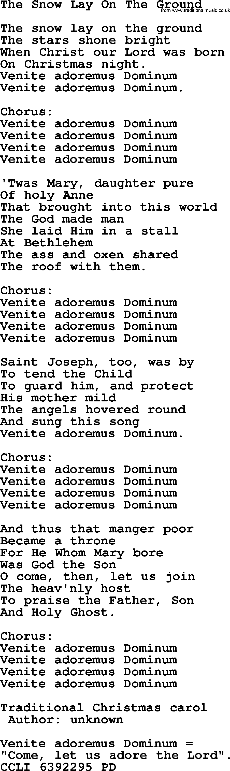 280 Christmas Hymns and songs with PowerPoints and PDF, title: The Snow Lay On The Ground, lyrics, PPT and PDF