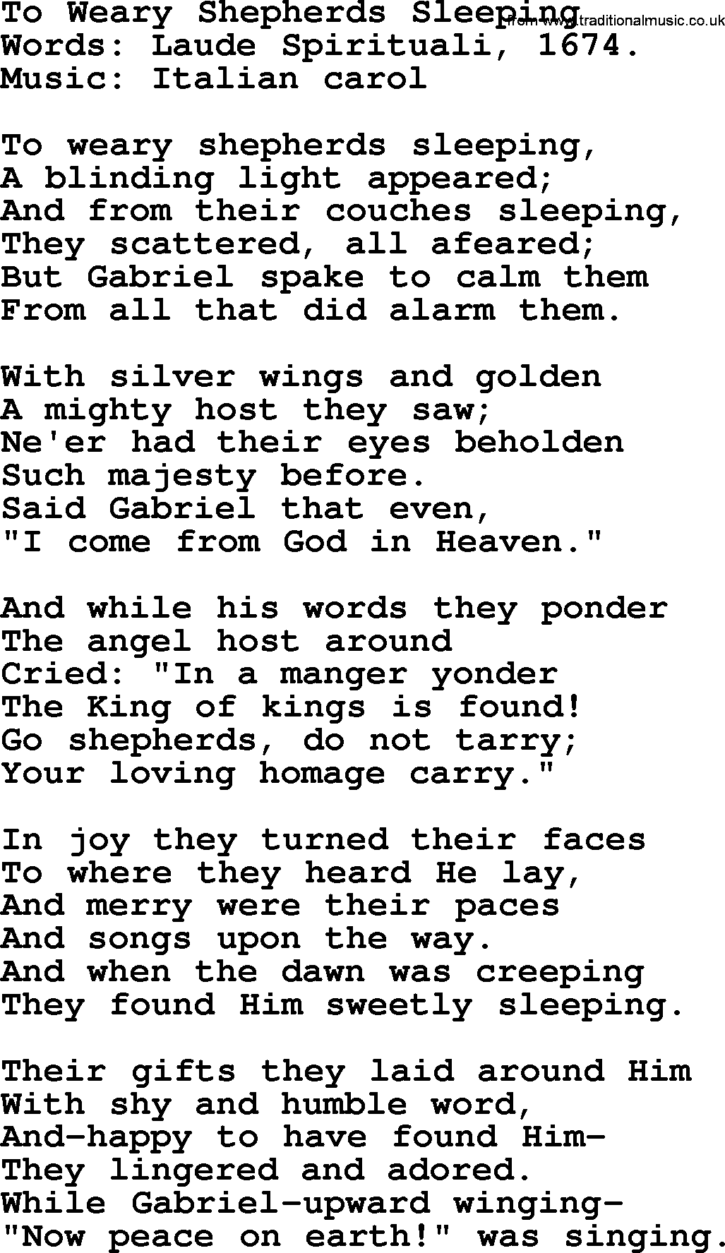 280 Christmas Hymns and songs with PowerPoints and PDF, title: To Weary Shepherds Sleeping, lyrics, PPT and PDF