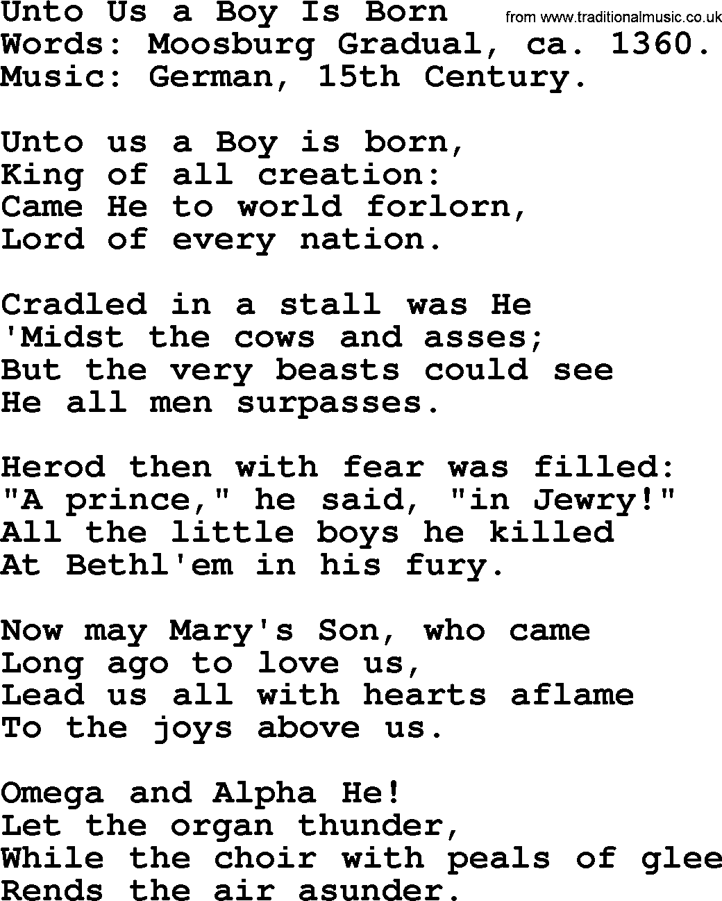 280 Christmas Hymns and songs with PowerPoints and PDF, title: Unto Us A Boy Is Born, lyrics, PPT and PDF