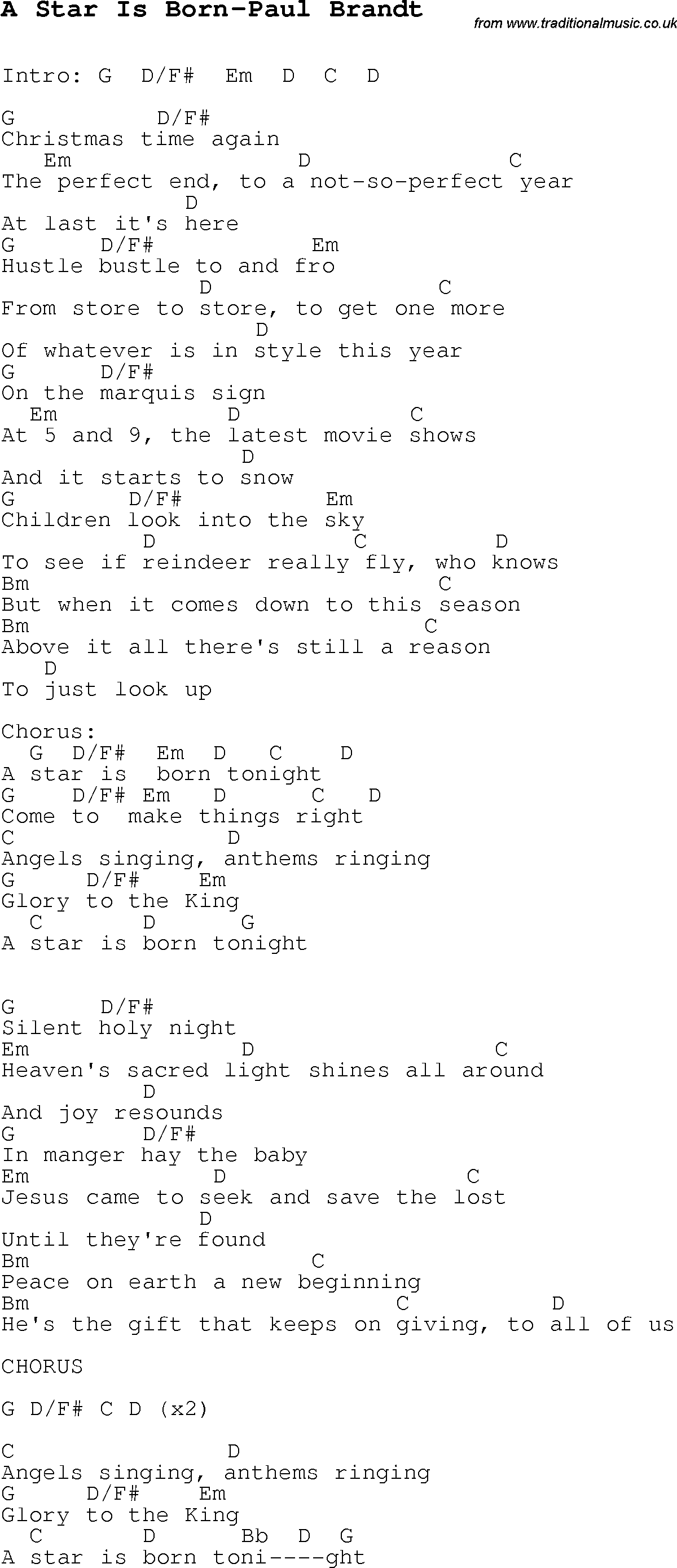 Christmas Carol/Song lyrics with chords for A Star Is Born-Paul Brandt