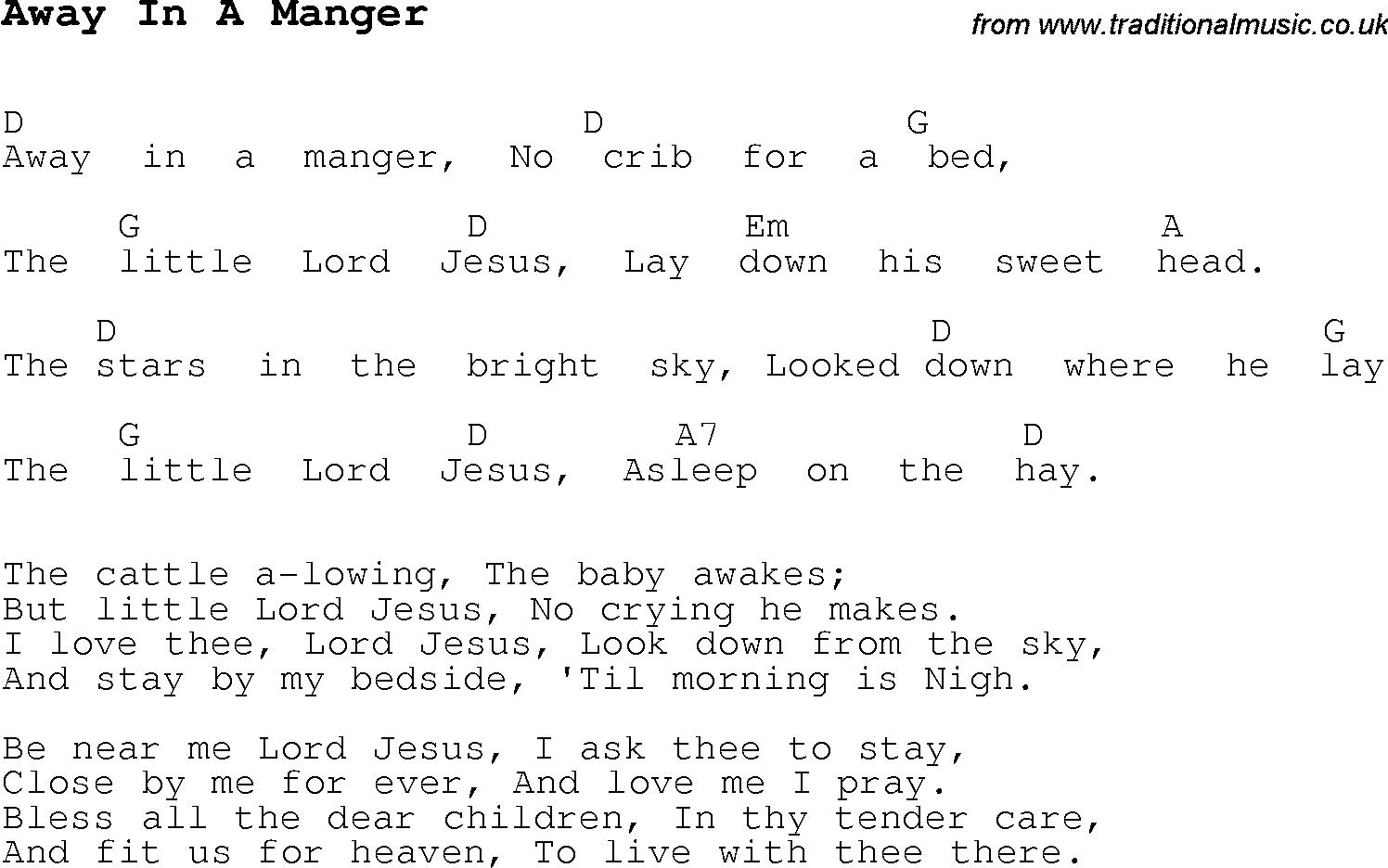 Christmas Songs and Carols, lyrics with chords for guitar banjo for Away In A Manger
