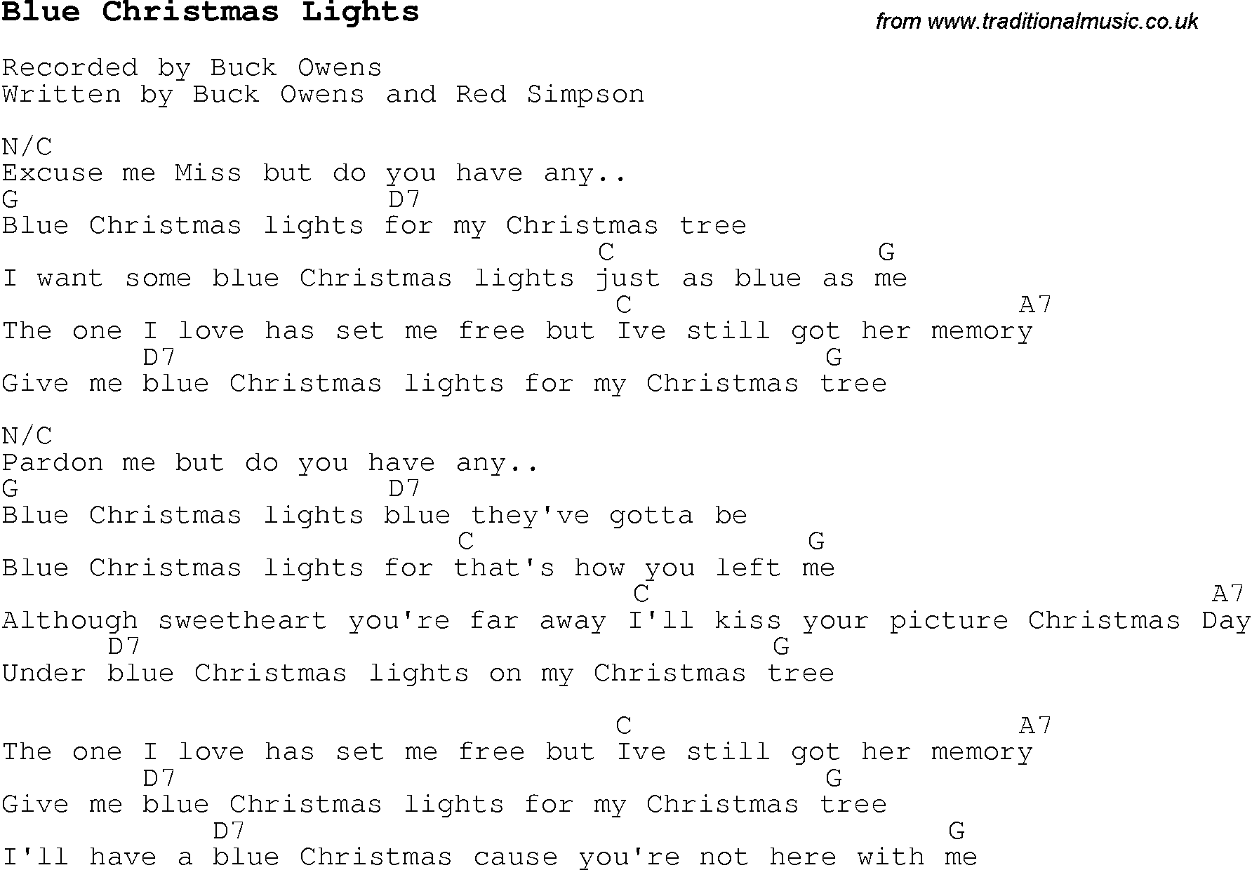 Christmas Songs and Carols, lyrics with chords for guitar banjo for Blue Christmas Lights