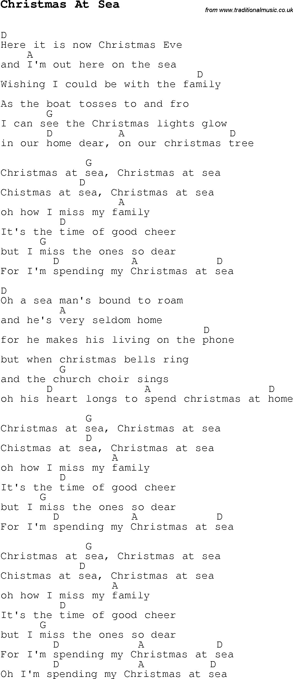 Christmas Songs and Carols, lyrics with chords for guitar banjo for Christmas At Sea
