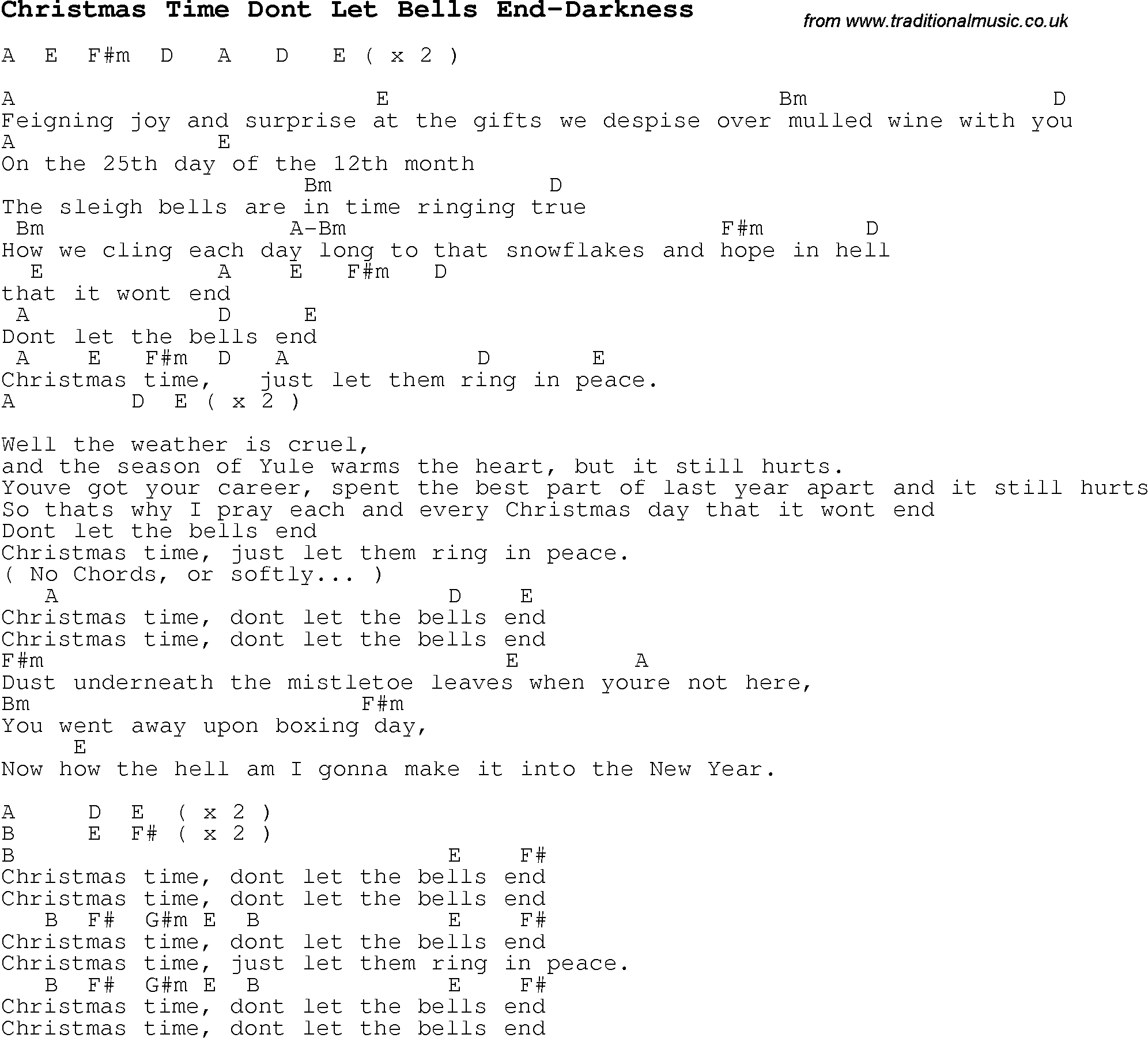 Christmas Carol/Song lyrics with chords for Christmas Time Dont Let Bells End-Darkness