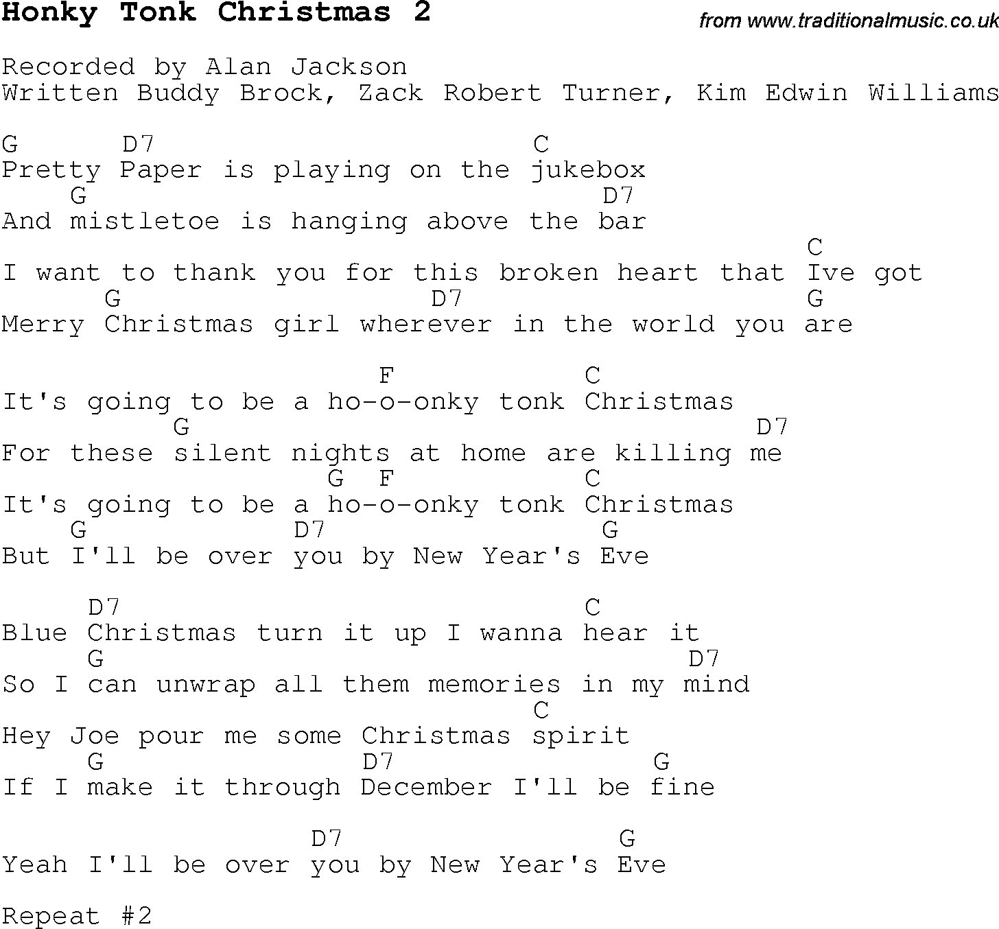 Christmas Songs and Carols, lyrics with chords for guitar banjo for Honky Tonk Christmas 2