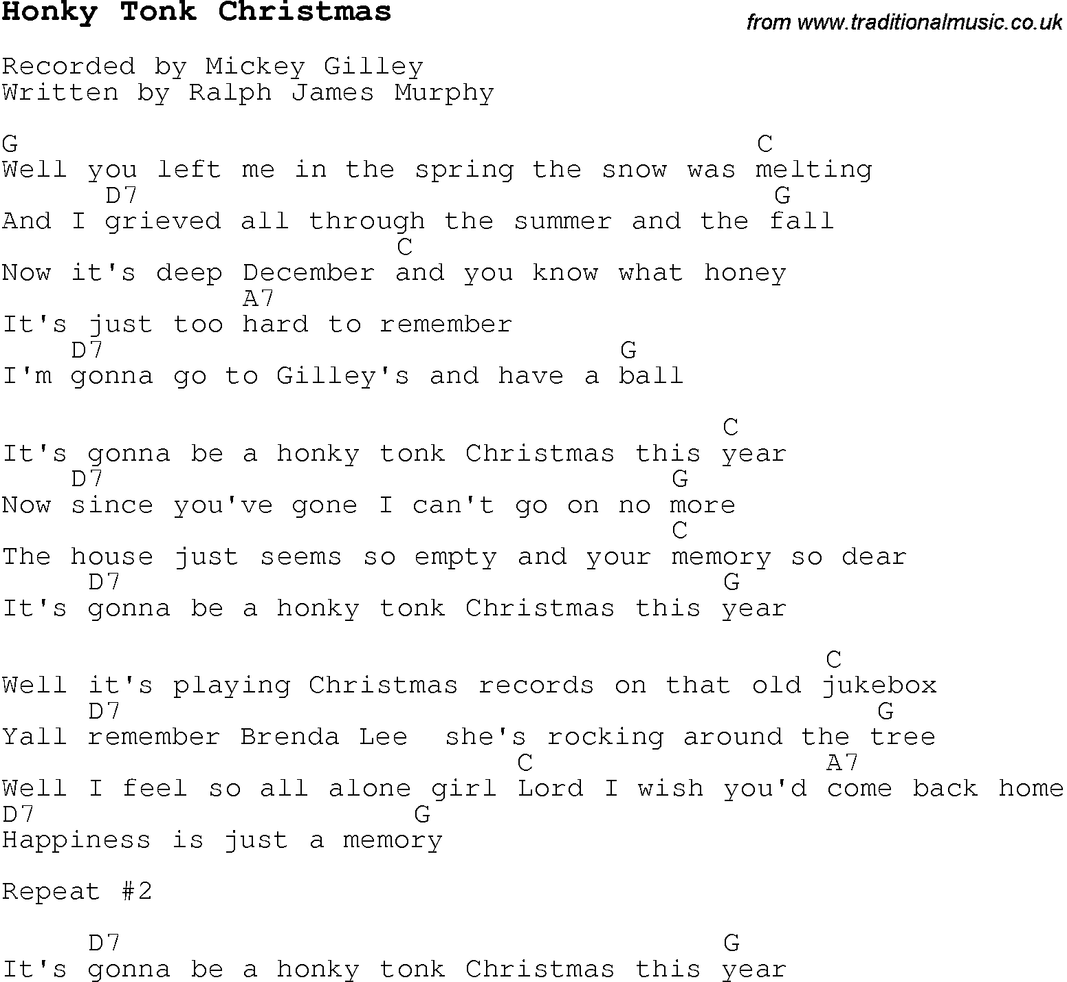 Christmas Songs and Carols, lyrics with chords for guitar banjo for Honky Tonk Christmas