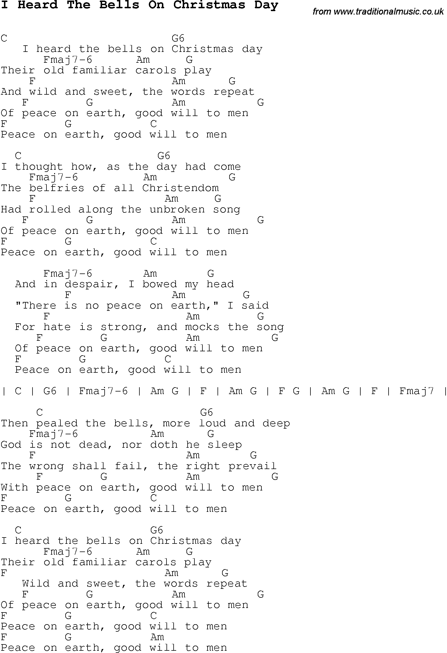 Christmas Carol/Song lyrics with chords for I Heard The Bells On Christmas Day