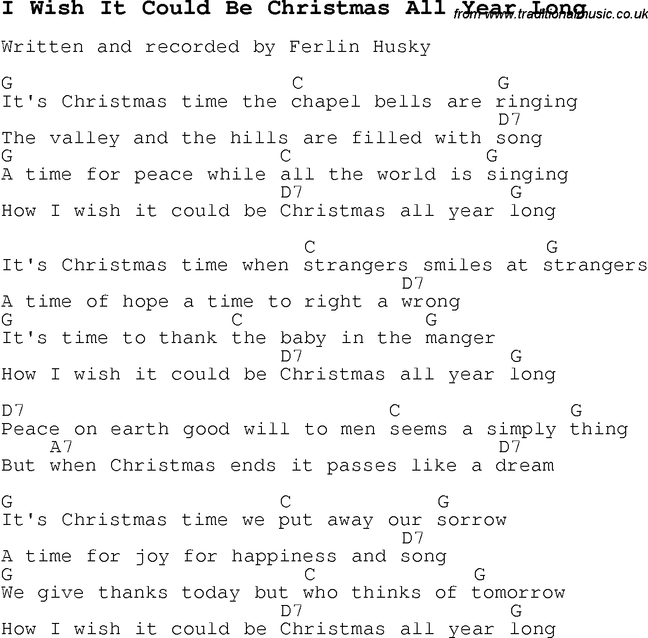 Christmas Carol/Song lyrics with chords for I Wish It Could Be Christmas All Year Long