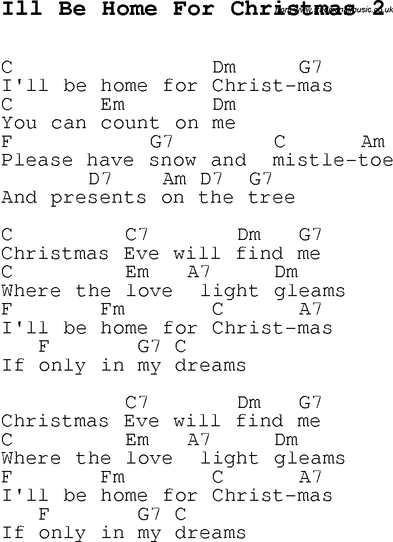 Christmas Songs and Carols, lyrics with chords for guitar banjo for Ill Be Home For Christmas 2