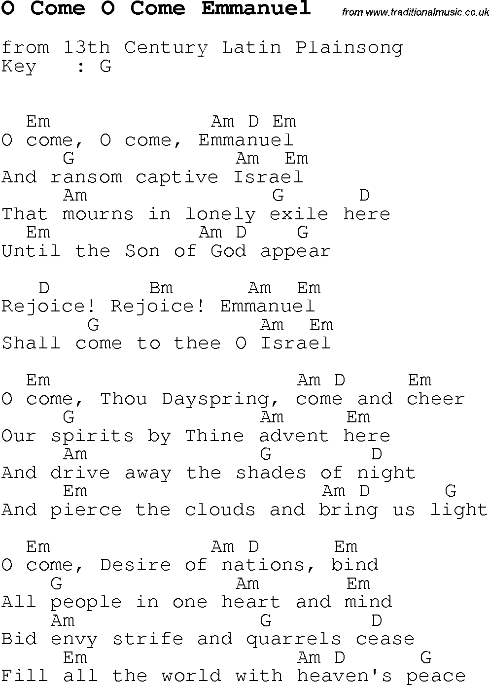Christmas Carol Song Lyrics With Chords For O Come O Come Emmanuel