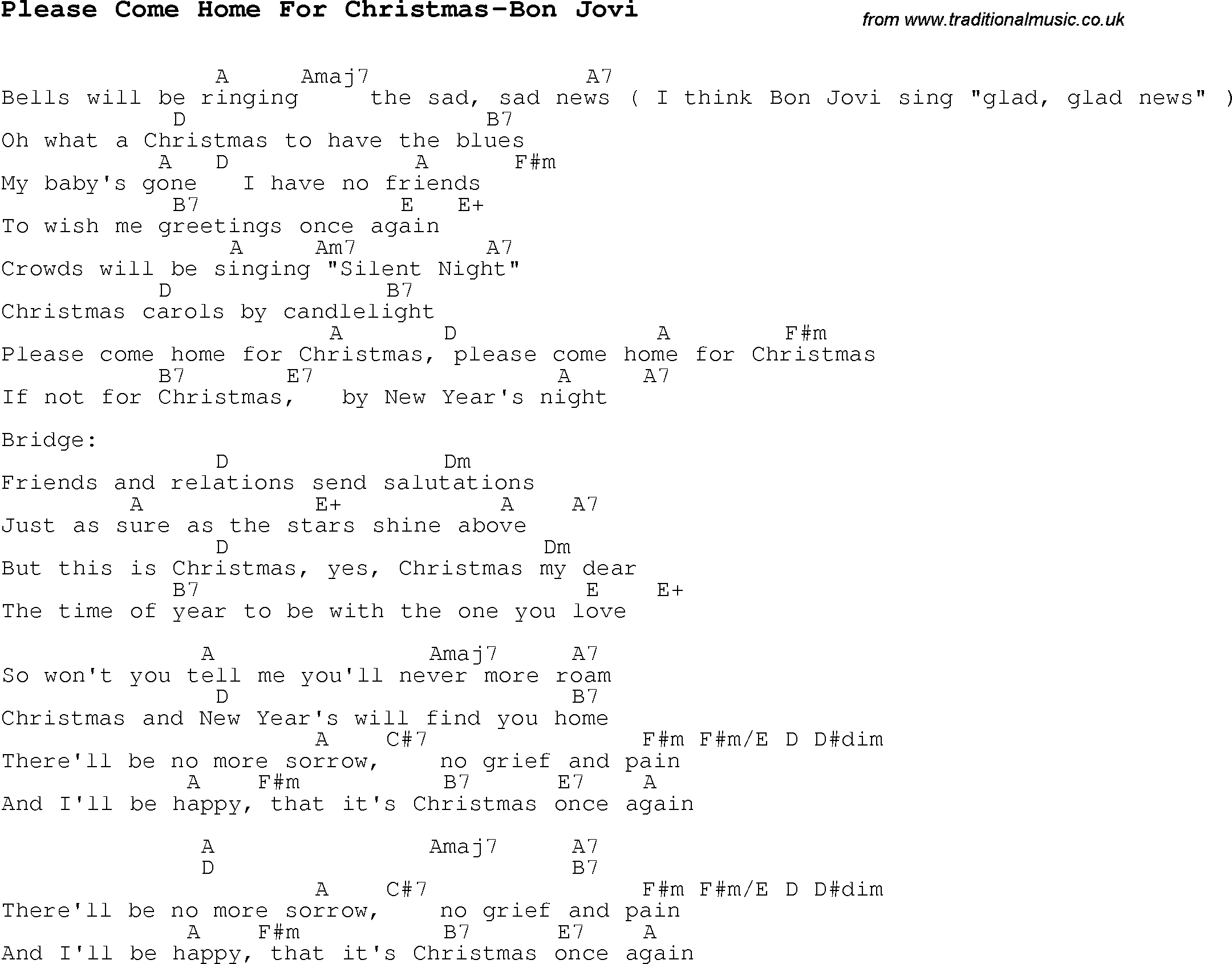 Christmas Songs and Carols, lyrics with chords for guitar banjo for Please Come Home For Christmas-Bon Jovi