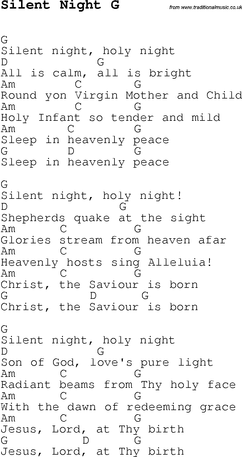 Christmas Carol/Song lyrics with chords for Silent Night G