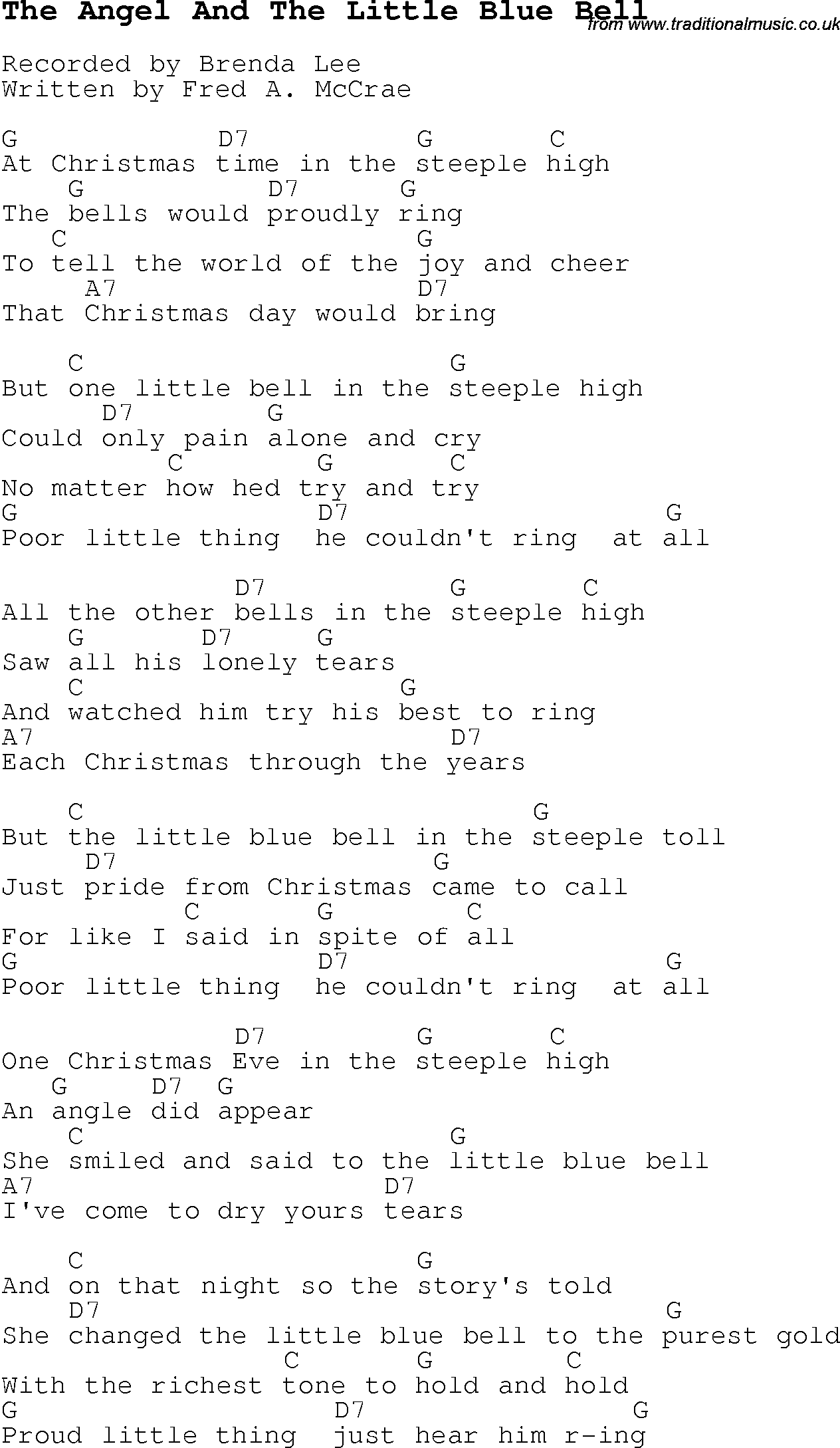 Christmas Carol/Song lyrics with chords for The Angel And The Little Blue Bell