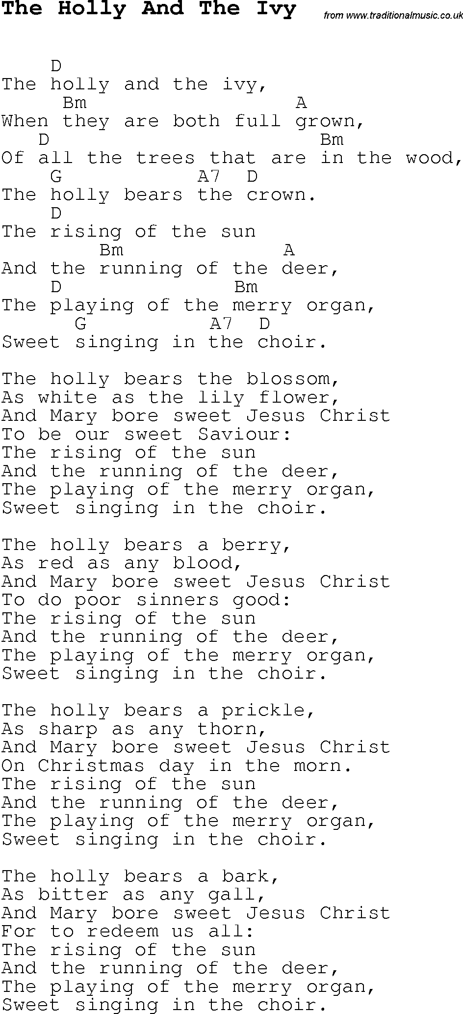 Christmas Carol/Song lyrics with chords for The Holly And The Ivy